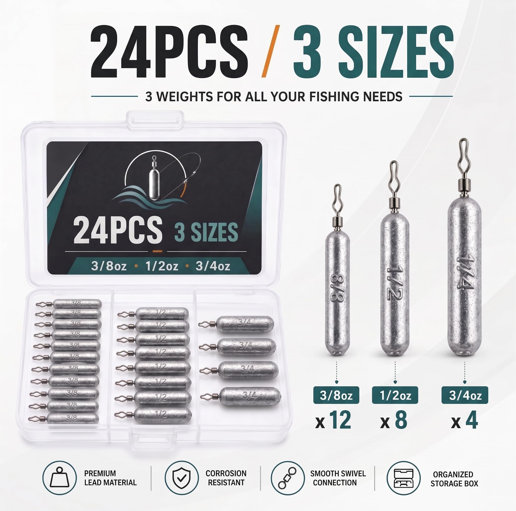 Pesos de disparo de lápiz, 24 piezas/36 piezas, 3 tamaños/5 tamaños, plomos de plomo con doble bucle de alambre, plomos pesados para pesca de lubina en aguas profundas, aparejo de tiro de
