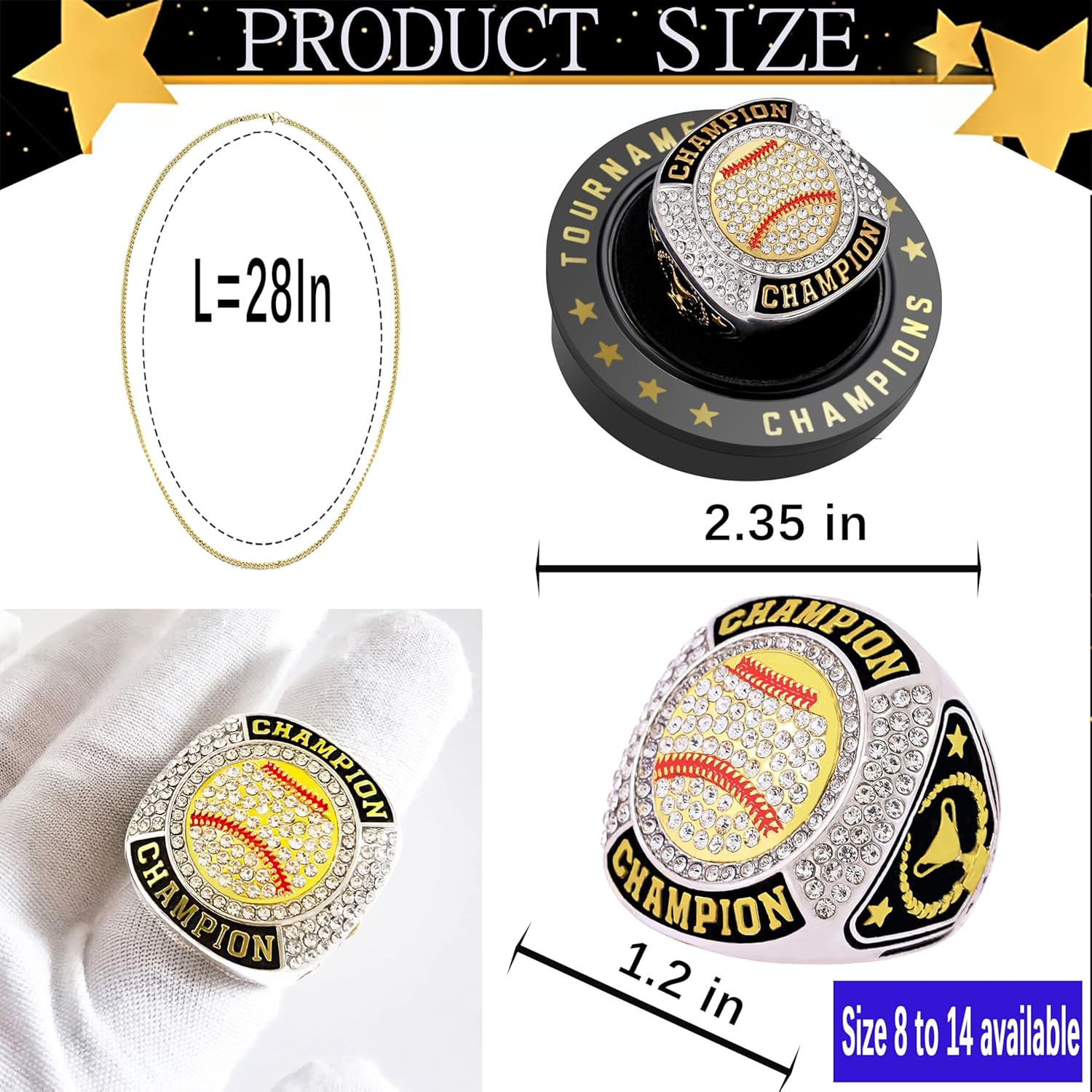 12 Pcs Baseball Ring Softball Baseball Championship Ring Sport Ball Trophy Award Gift with Display Neck Chain and Stand for Tournament or League Champion Winner