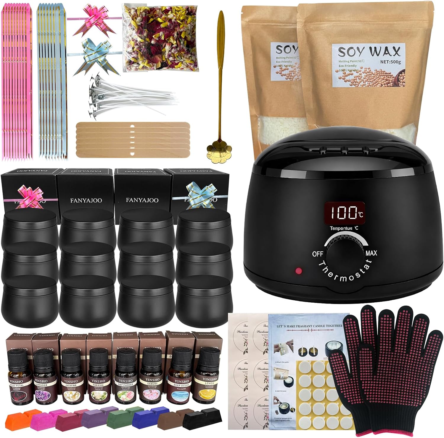 Fanyajoo Candle Making Kit for Adults with Wax Melter DIY Starter Scented Candles Making Kit,Soy Wax Candle Making kit,Craft Kits for Adults,Home Decorations (60pcs)