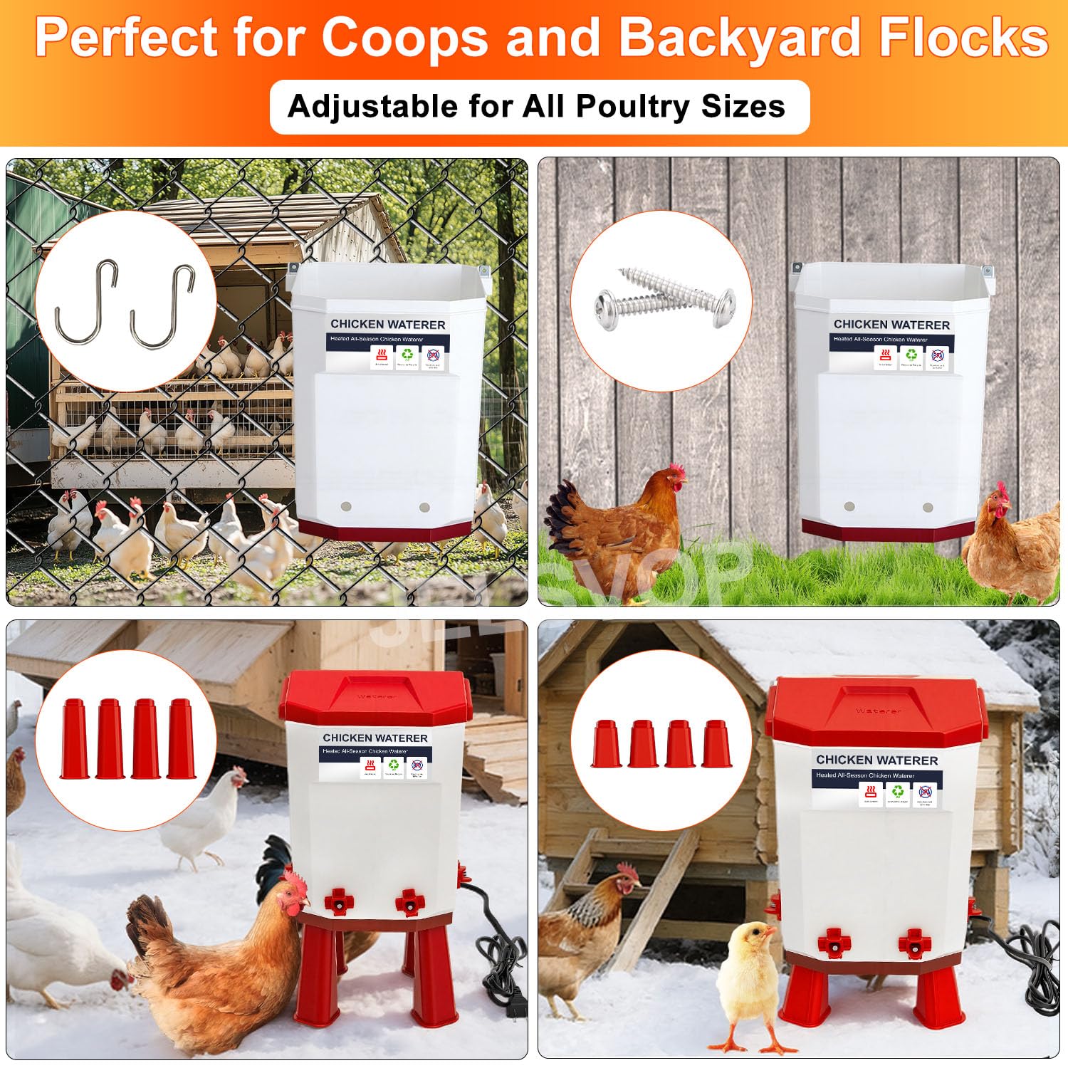 Abbeveratoio riscaldato per pollo, 7 l, secchio invernale con 4 bevitori di capezzoli, antigelo, doppio uso, bevitore automatico di pollame riscaldato per Coop (rosso)