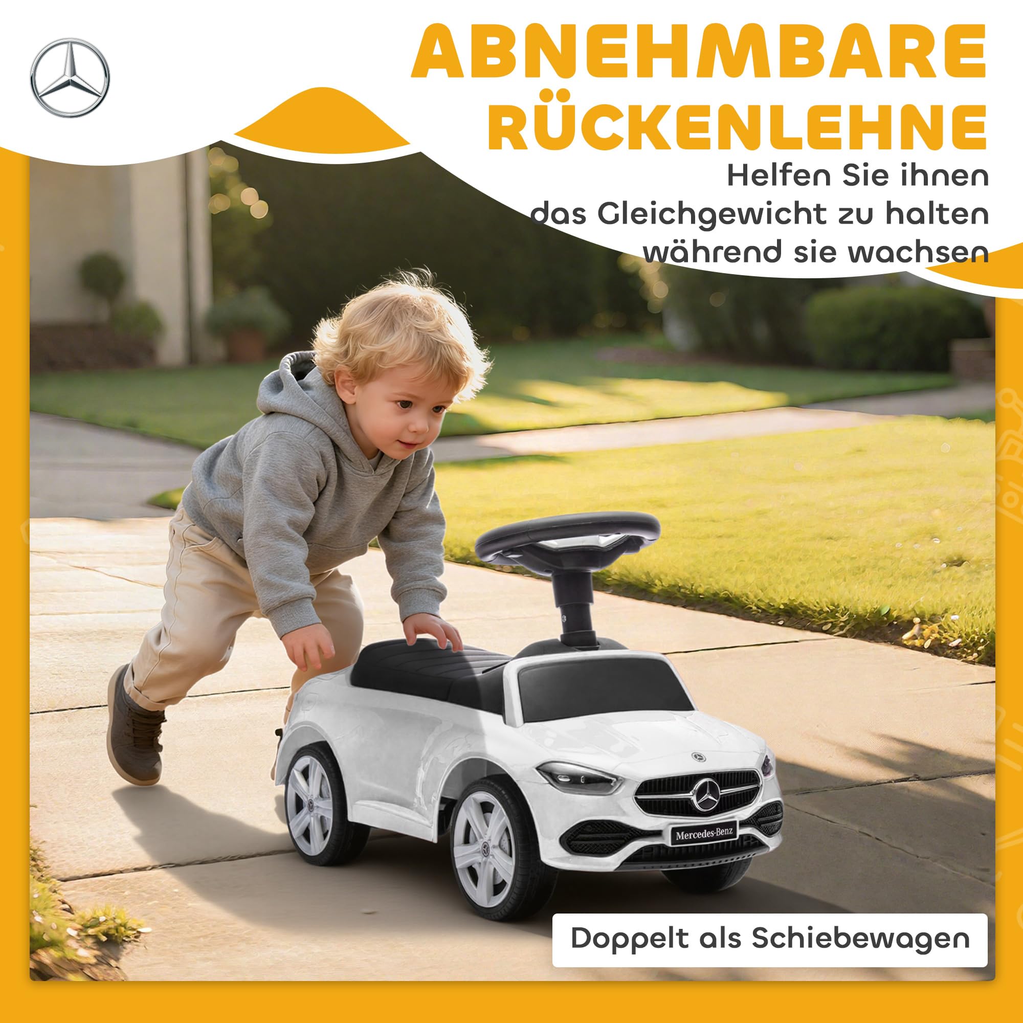 AIYAPLAY Mercedes-Benz C-Class Rutschauto, Rutschfahrzeug mit Hupe, Motorgeräuschen, Kinderfahrzeug mit Stauraum unter dem Sitz, für Kinder von 18-36 Monaten, Weiß