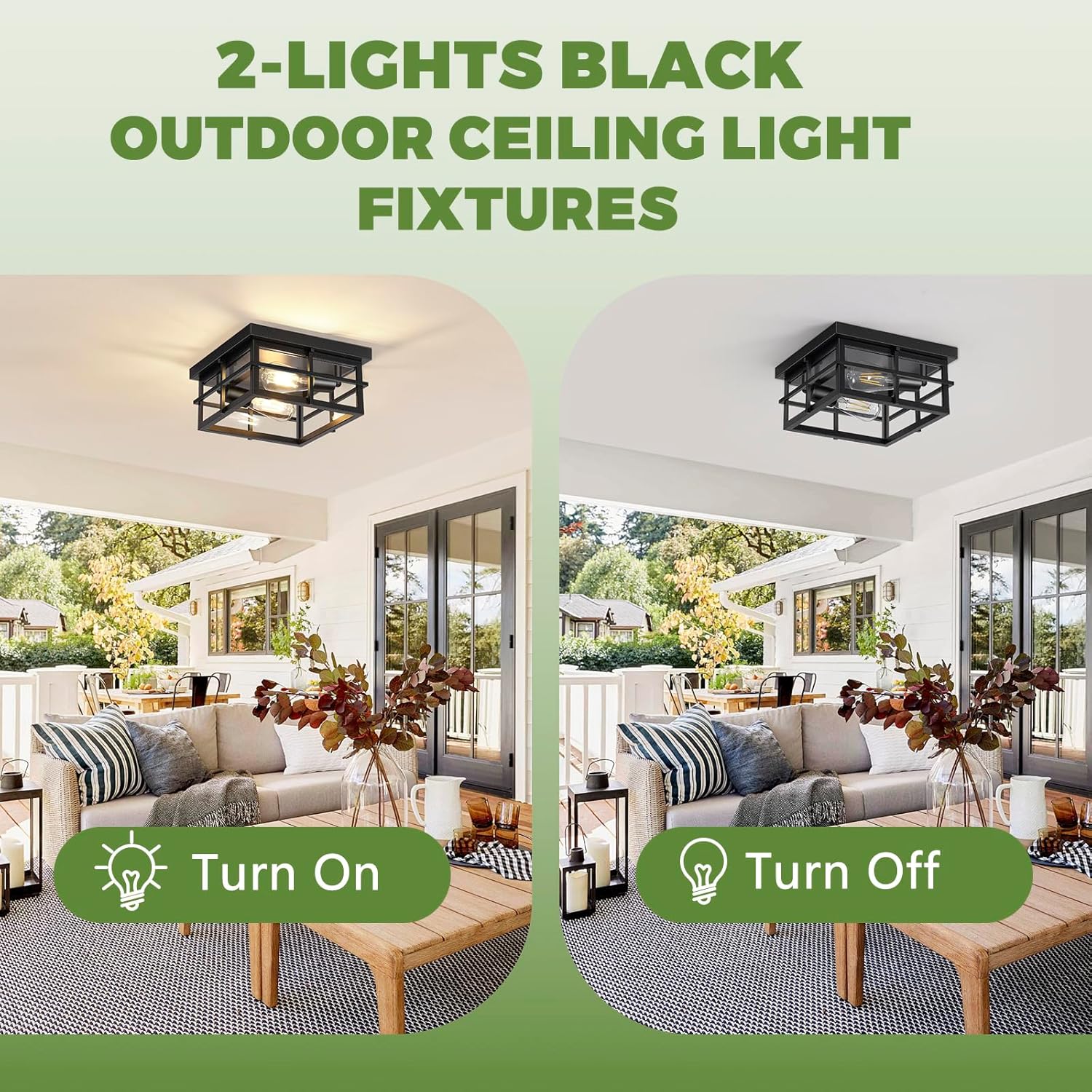 2-Light Black Flush Mount Ceiling Light, Farmhouse Kitchen Lighting Fixtures with Clear Glass, Outdoor Porch Lights Ceiling Mount, Square Hallway Light Fixtures for Bedroom Living Room Balcony