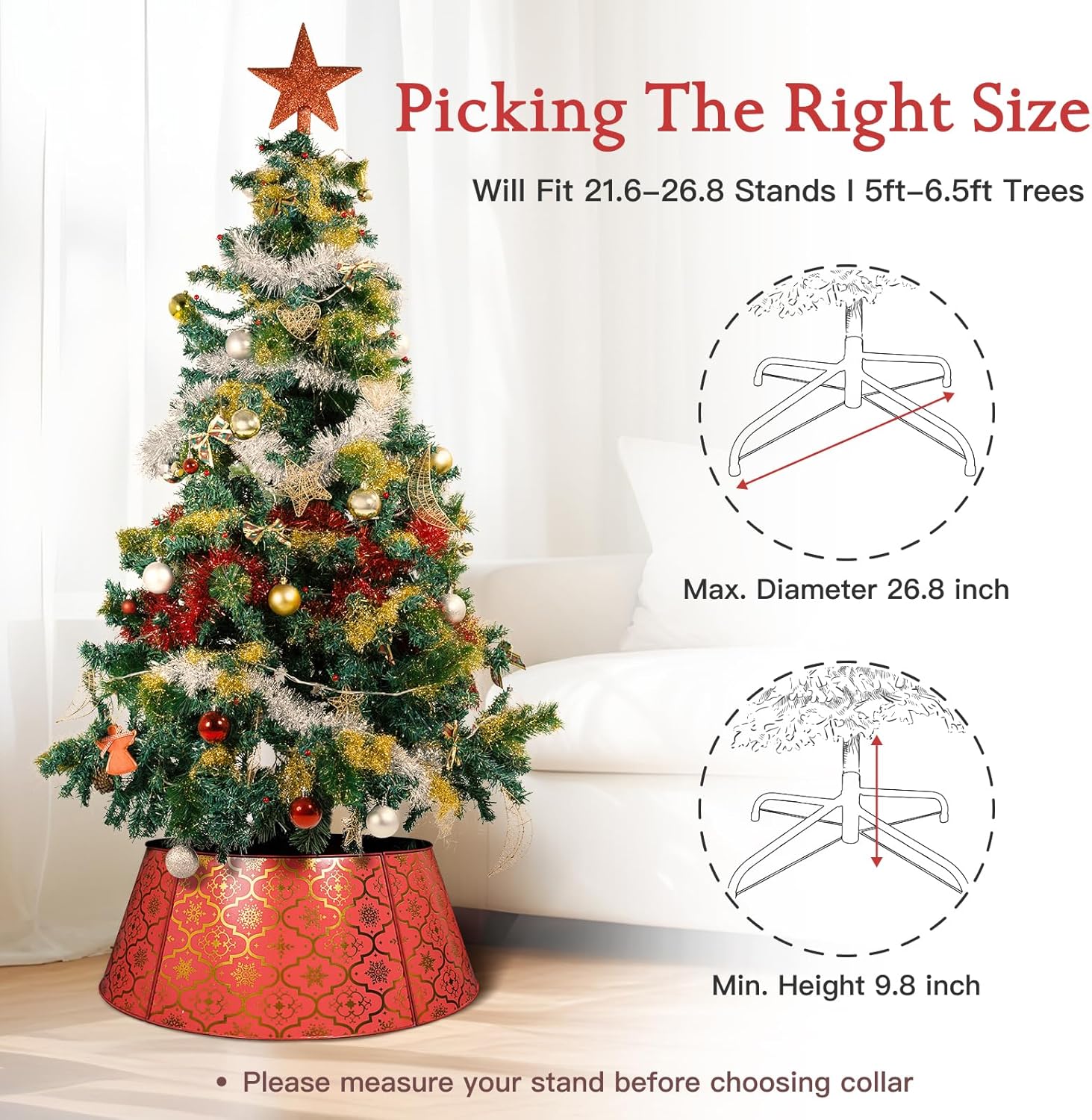 Putuo Decor 27in Red Christmas Tree Collars for 7.5 Ft Tree, Metal Christmas Tree Stand Cover for Artificial Trees, Adjustable Christmas Tree Base Cover, Christmas Tree Ring Collar for Pencil Tree
