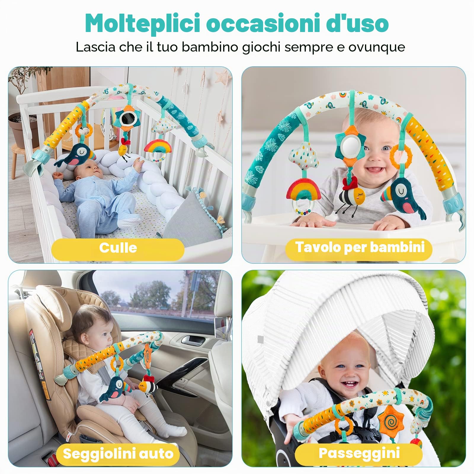 Aomig Giocattolo Passeggino Clip, Regolabile Giocattolo Carrello Bambino con Sonaglio, Giocattolo per Passeggino Rimovibile, attività Appendere Giocattoli, Arco Giochi Educativi