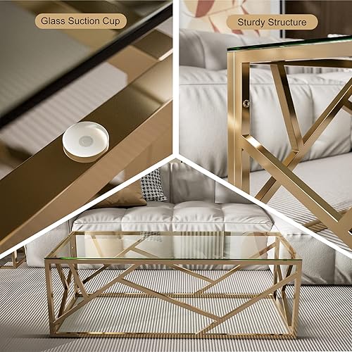 Miniatura 4 de IKIFLY Mesa de centro de cristal dorado, mesa de centro moderna para sala de estar, mesa decorativa con tapa de vidrio templado transparente y marco