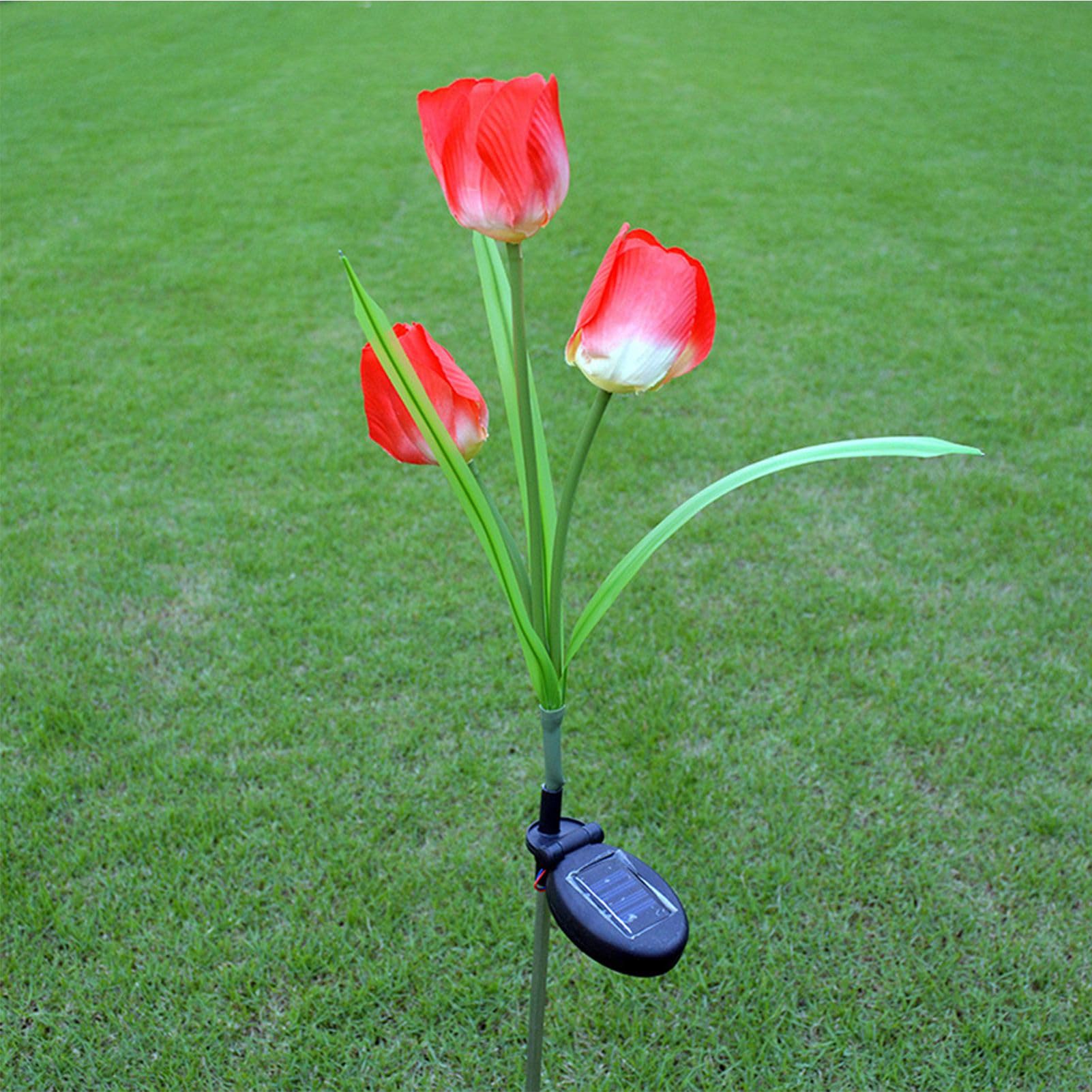 KKPLZZ Tulips Solar Garden Lights, 3 Branches Tulip Flower Waterproof Garden Light Outdoor LED Stake Light for Patio Backyard Lawn Decoration (Red)