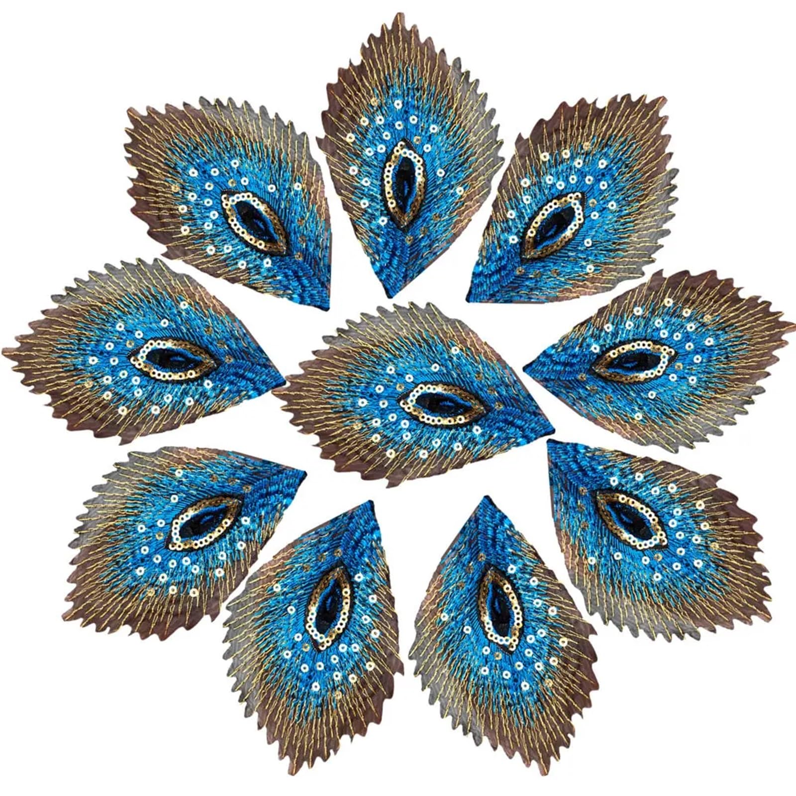 Embroidery Patch 10PCS Sky Blue Peacock Feathers Phoenix Sequined Mesh Embroidered Sew Iron On Patches Badges For Dress DIY Appliques Decoration Patch Iron On Patch