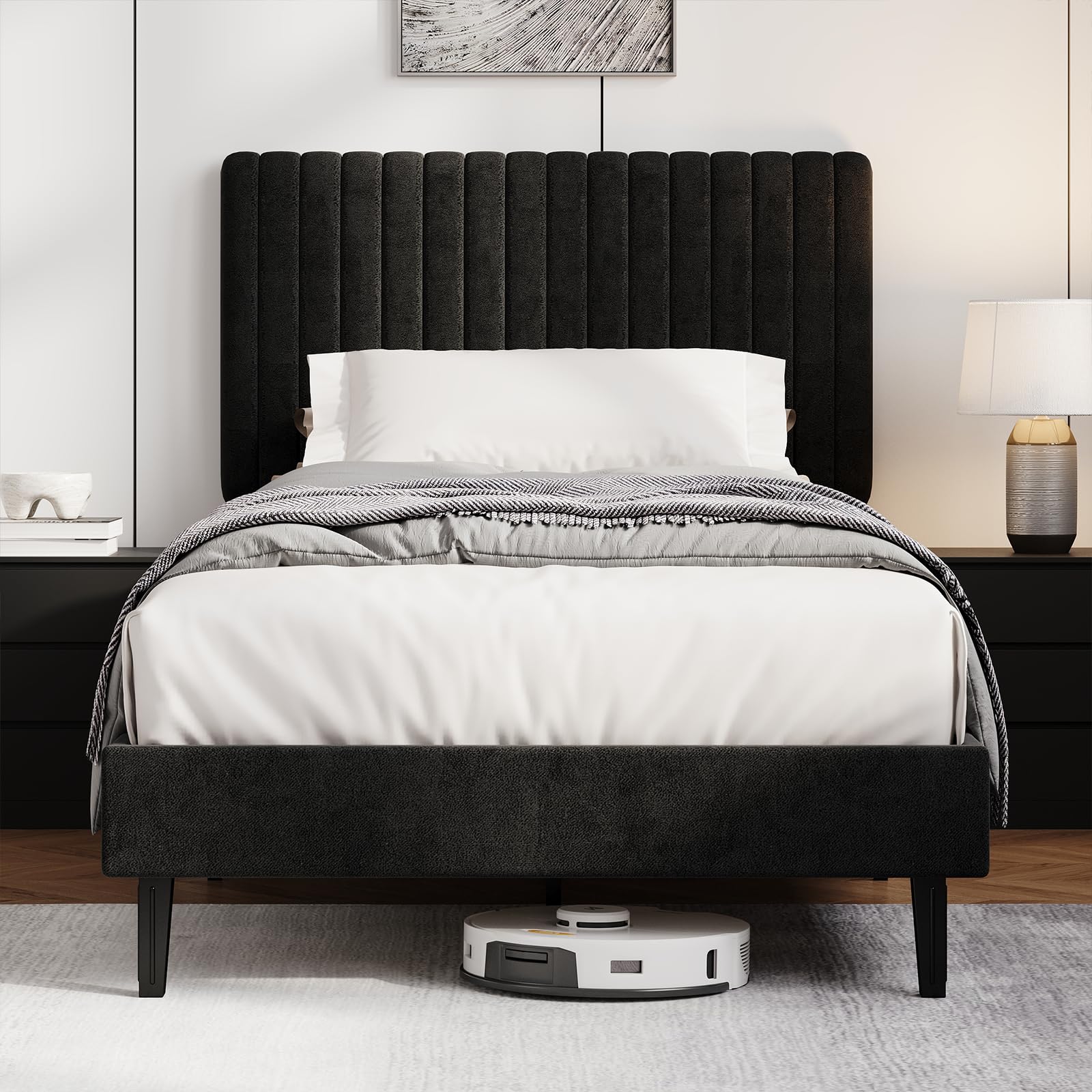 HOMBCK Single Bed Frame, 90 x 190 cm, Upholstered Bed with Velvet Headboard, Adjustable Height, Wooden Slat Support, No Box Spring Needed, Black