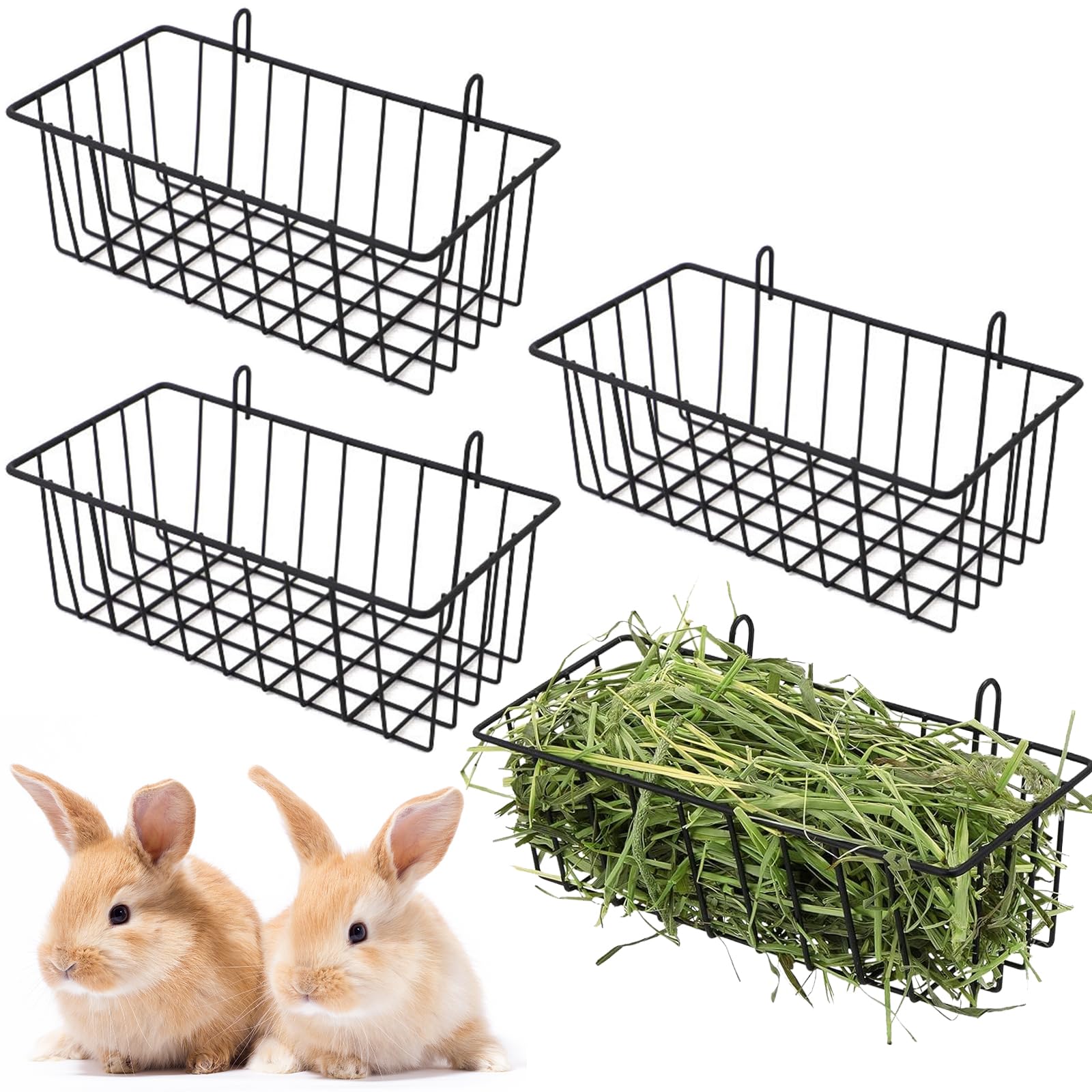 4 Pcs Rabbit Hay Feeder, Heavy Duty Metal Rabbit Hay Rack with Hooks Small Animal Cage Accessories Bunny Hay Feeder Holder Pet Grass Rack for Guinea Pig Chinchillas