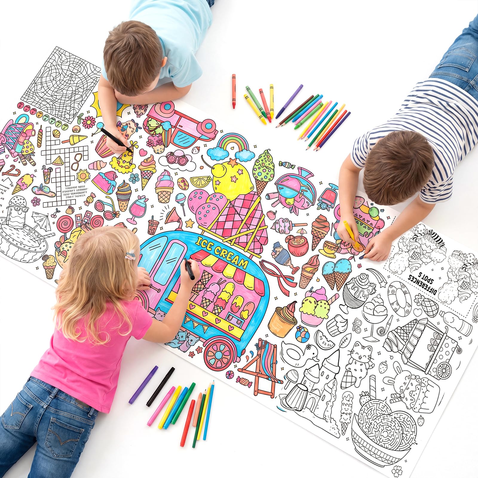 NatNarr Ice Cream Coloring Tablecloth for Kids, Summer Theme Craft for Kids | 30 x 72 Inch Summer Activity Poster Art Crafts Paper Banner Kids Games Activities for Classroom Wall School Home Parties