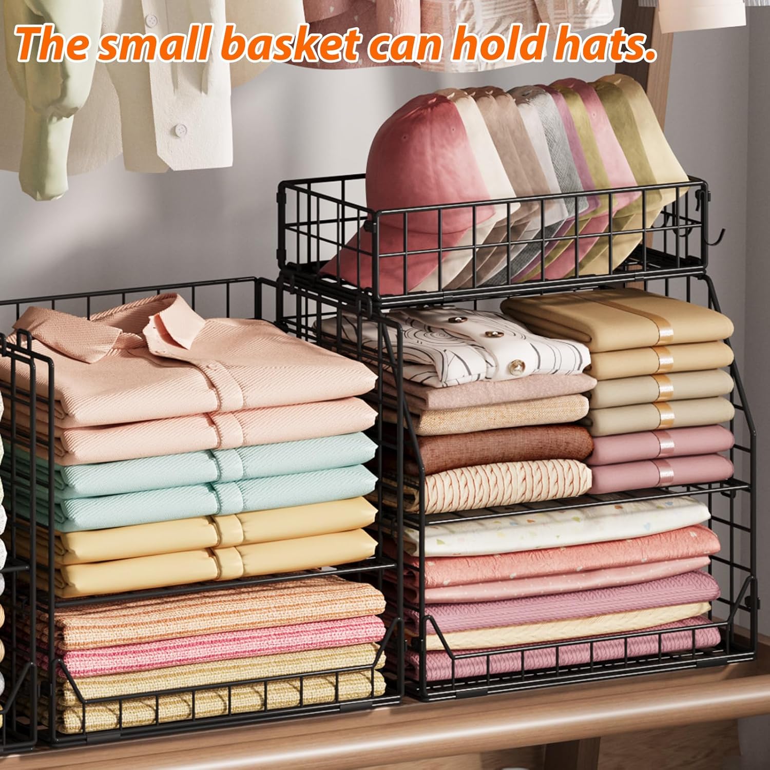 5-Tier Stackable Closet Organizers and Storage with Small Basket for Hats,Closet Storage Basket with Adjustable Dividers and 4 hooks,Clothes Shelf Bins for Closet Organizer System,Black