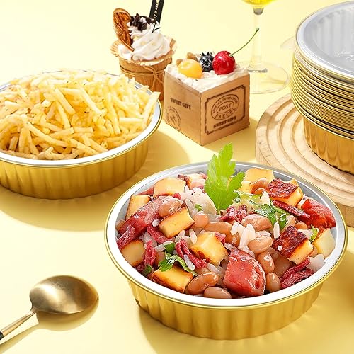 Miniatura 2 de 40 sartenes de papel de aluminio de 7 pulgadas con tapas, 31 onzas, doradas, 2 veces más gruesas, de papel de aluminio resistente, desechables,