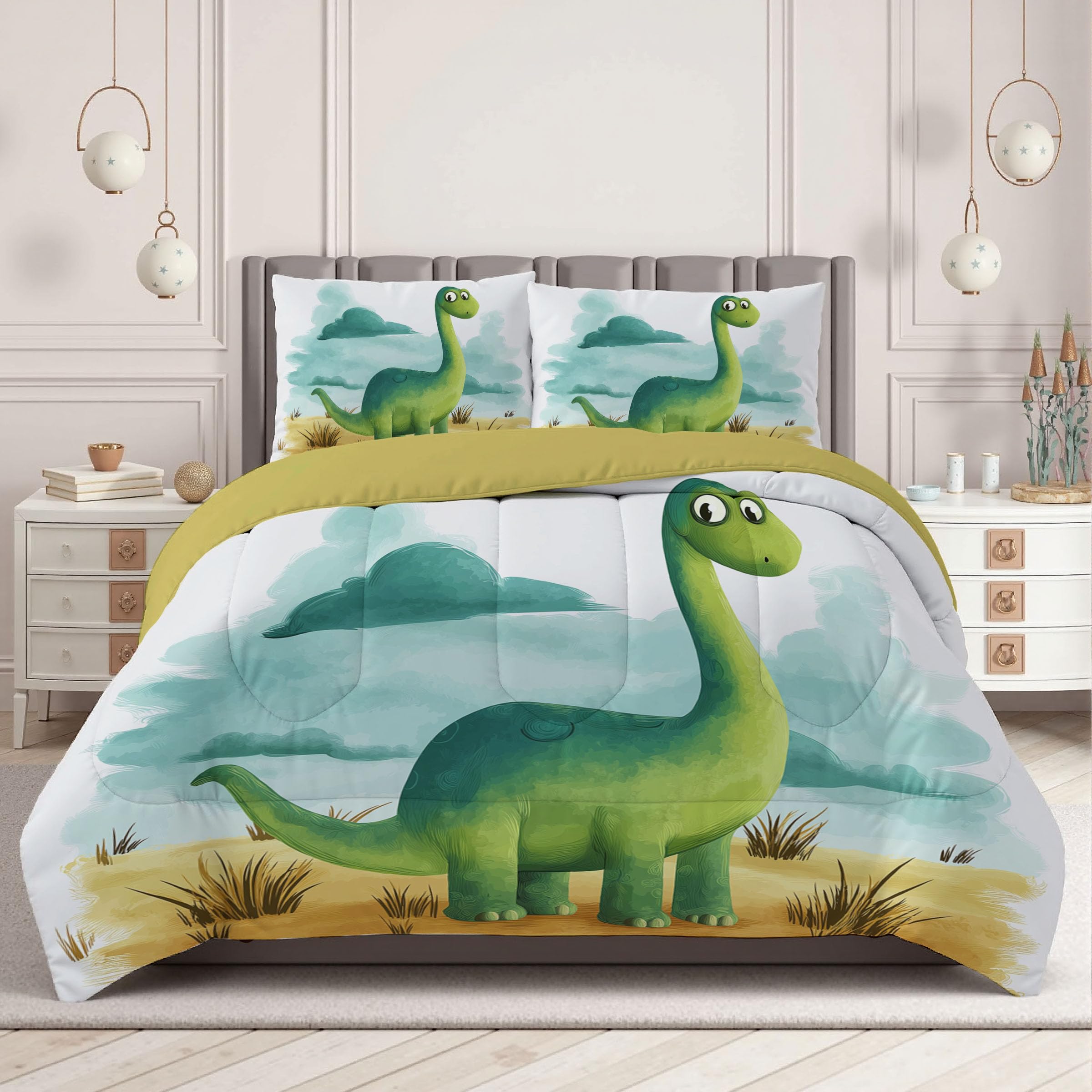 Trapunta Invernale in Ecopiuma, 260x230cm Set Piumone Bambino Imbottita 200 gr/mq Caldo e Morbido Piumino Trapuntato Dinosauro Cartoni Animati Coperta Letto Reversibile per 4 Stagioni, Azzurro Chiaro