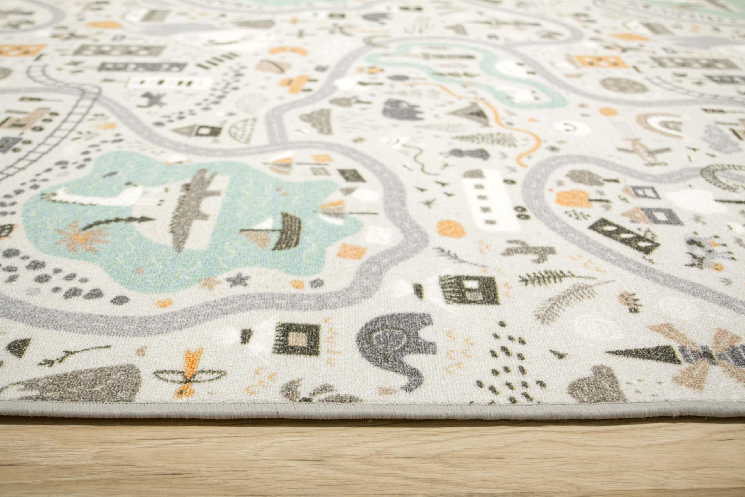 Kinderteppich Pastell Straßen Grau, Minze 200x250 cm Teppiche für EIN Kinderzimmer mit kurzem Flor, Teppich für einen Jungen, Mädchen, Kinderteppich, Kids Carpet, Schiffe, See
