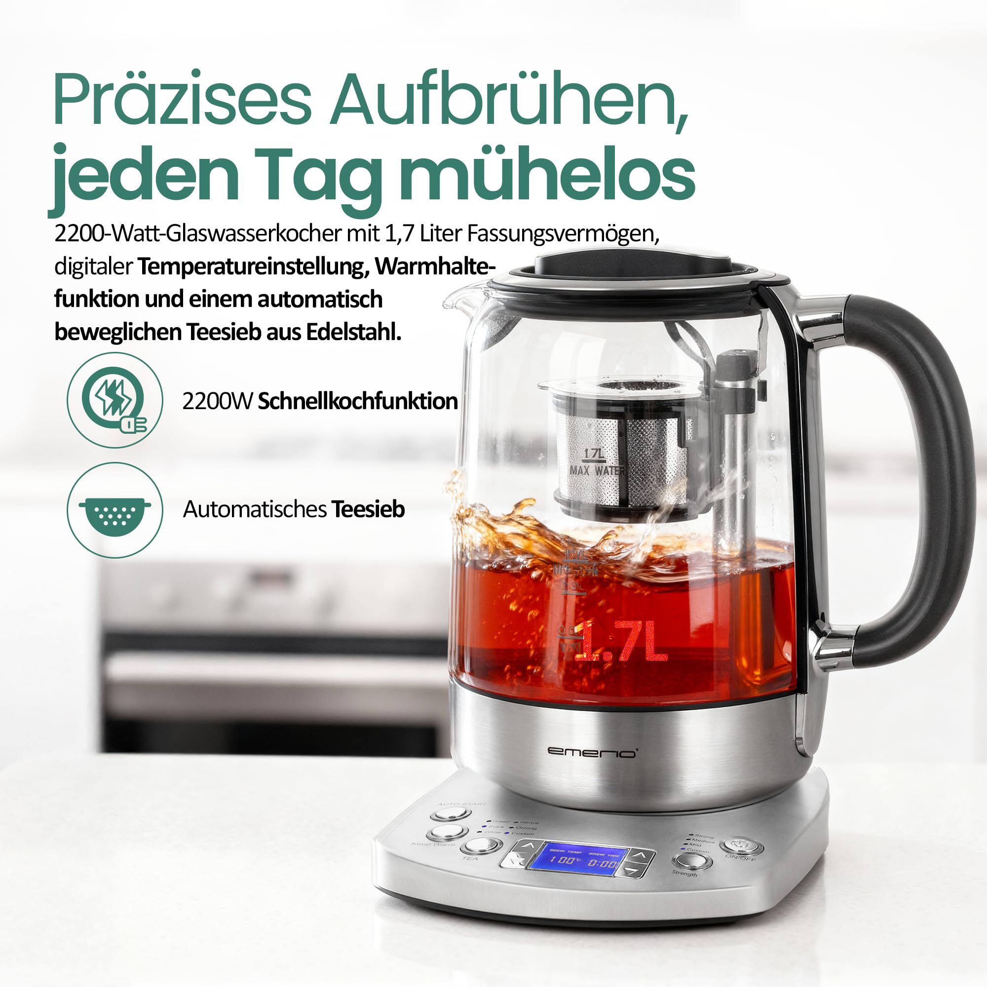 EMERIO Glas Teekocher Wasserkocher | 1,7 Liter | TESTSIEGER mit Note 1.3 | vollautomatisches Teesieb | Absenkautomatik | Borosilikatglas | Temperaturwahl | 2200 Watt | Schwarz/Silber | WK-122248