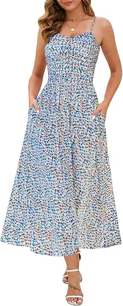 Annebouti Women's Summer Adjustable Spaghetti Strap Ruched Maxi Sun Dress