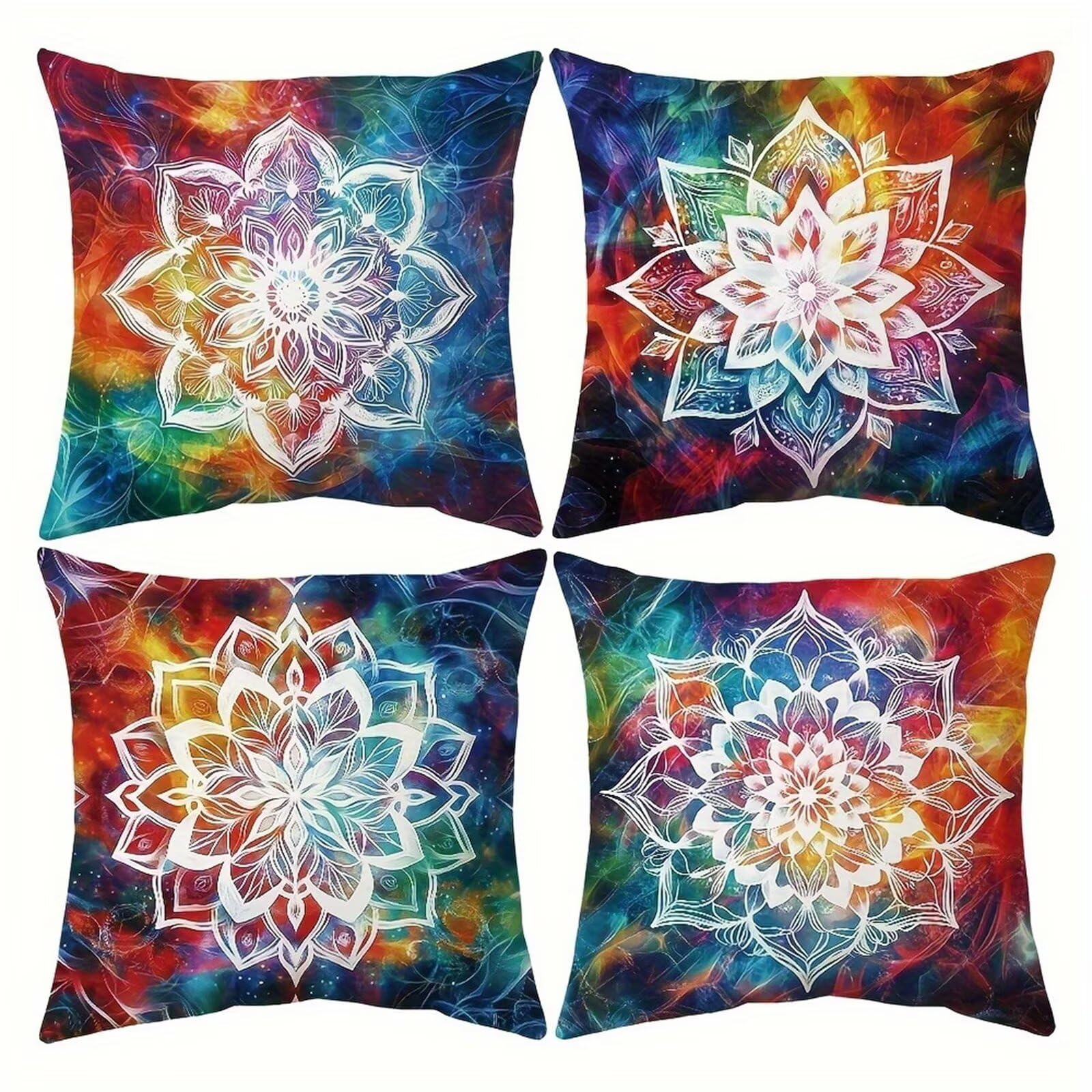 QiHon Colourful Mandala Cushion Covers 30x30 cm Set of 4, Decorative Throw Pillow Cases, 12x12 inch Square Linen Pillowcases for Sofa Living Room Bedroo