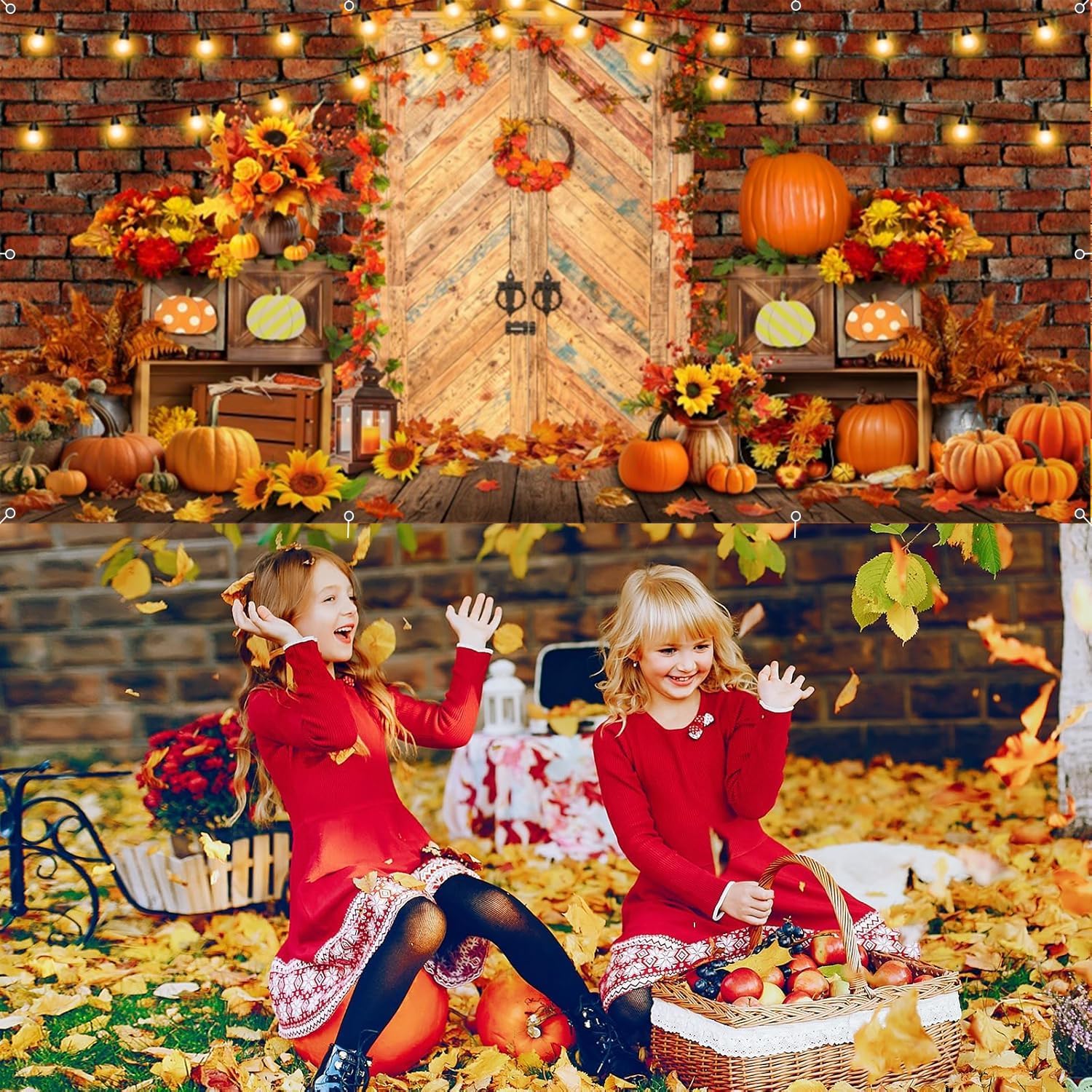 Fall Garage Door Cover Banner 7x16ft Thanksgiving Garage Door Cover Autumn Harvest Pumpkin Flower Red Brick Wood Barn Background Fall Party Backdrop Holiday Outdoor Decor