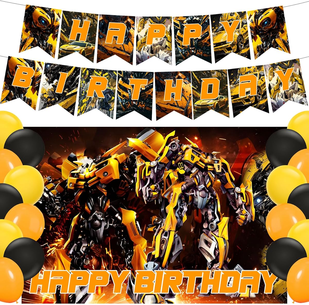 Cartoon Bumblebees Birthday Party Supplies,Robots Party Decorations Set Include Banner, Backdrop, Balloons for Boys Girls Anime Theme Party