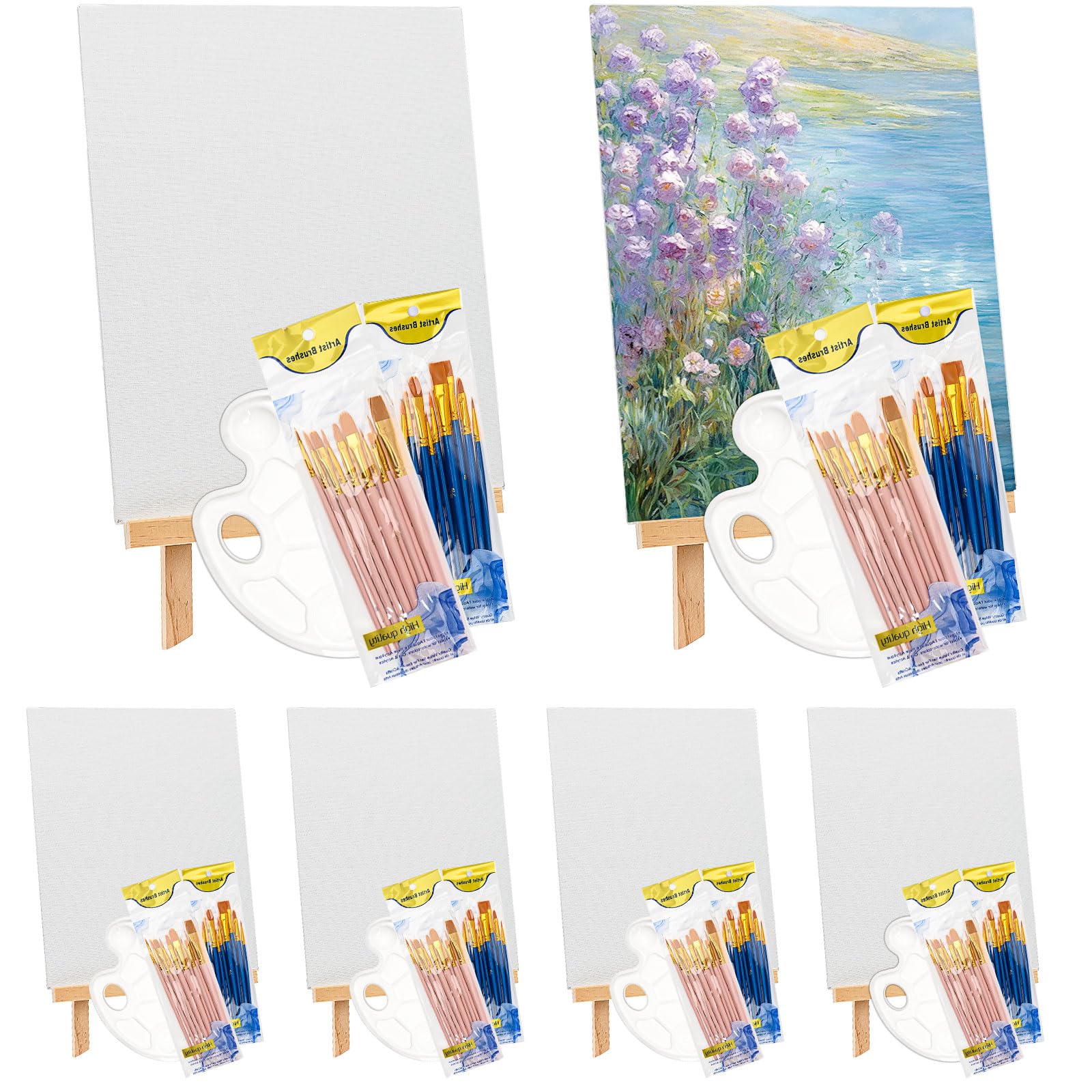 Lot de 138 kits de peinture professionnels – 6 chevalets en bois, 6 toiles de 20,3 x 25,4 cm, 6 palette, 120 pinceaux, kit de fournitures de peinture pour adultes, salle de classe, fête d'anniversaire