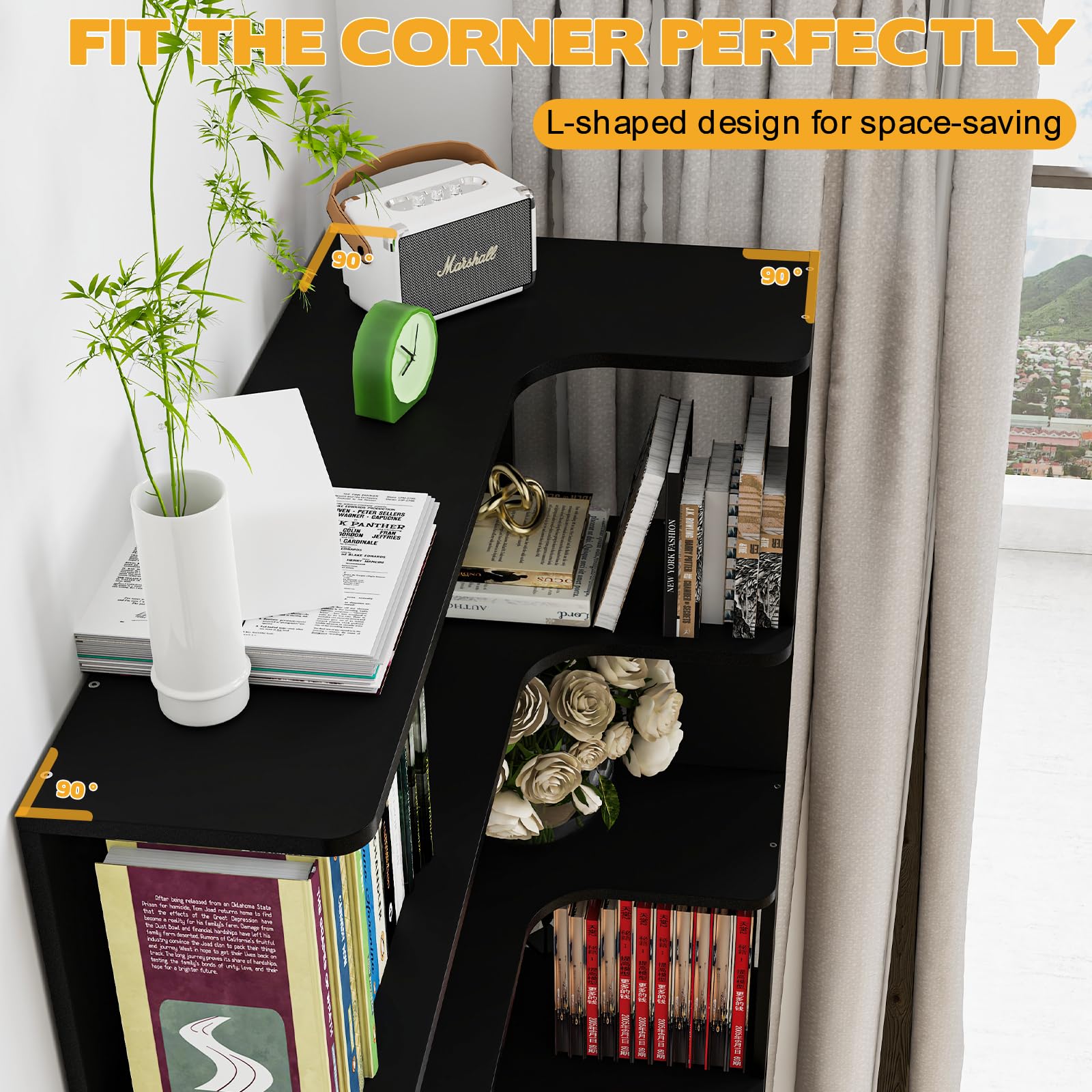 Libreria Angolare Industriale GarveeHome A Forma Di L – 5 Ripiani Ad Arco, Telaio In Metallo, Dimensioni 174x78x78 Cm, Per Soggiorno E Camera Da Letto