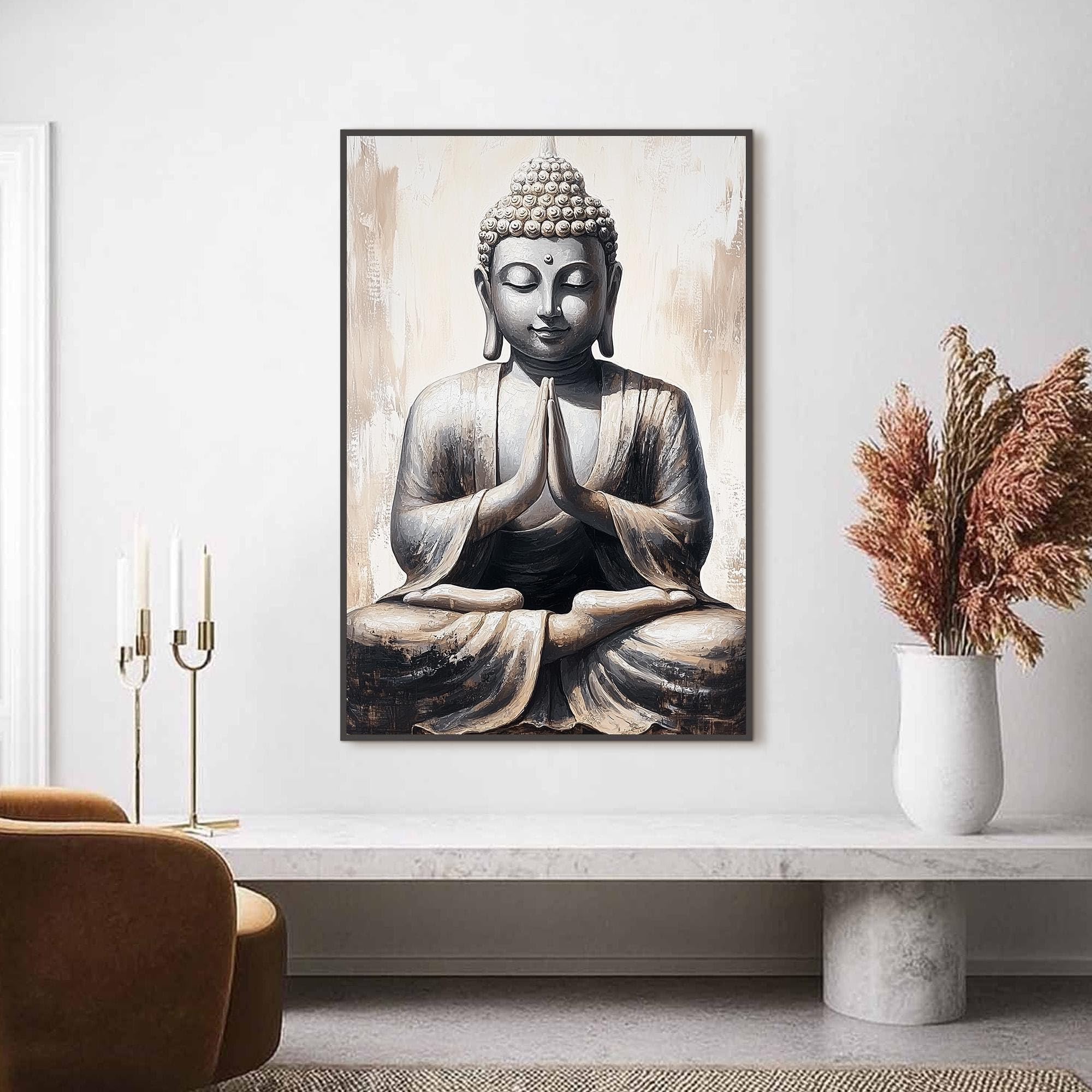 LMYCHENG Textured Buddha Painting on Canvas Prints, Large Spiritual Wall Art, Neutral Zen Decor Canvas Artwork(60x90cm/Frameless)