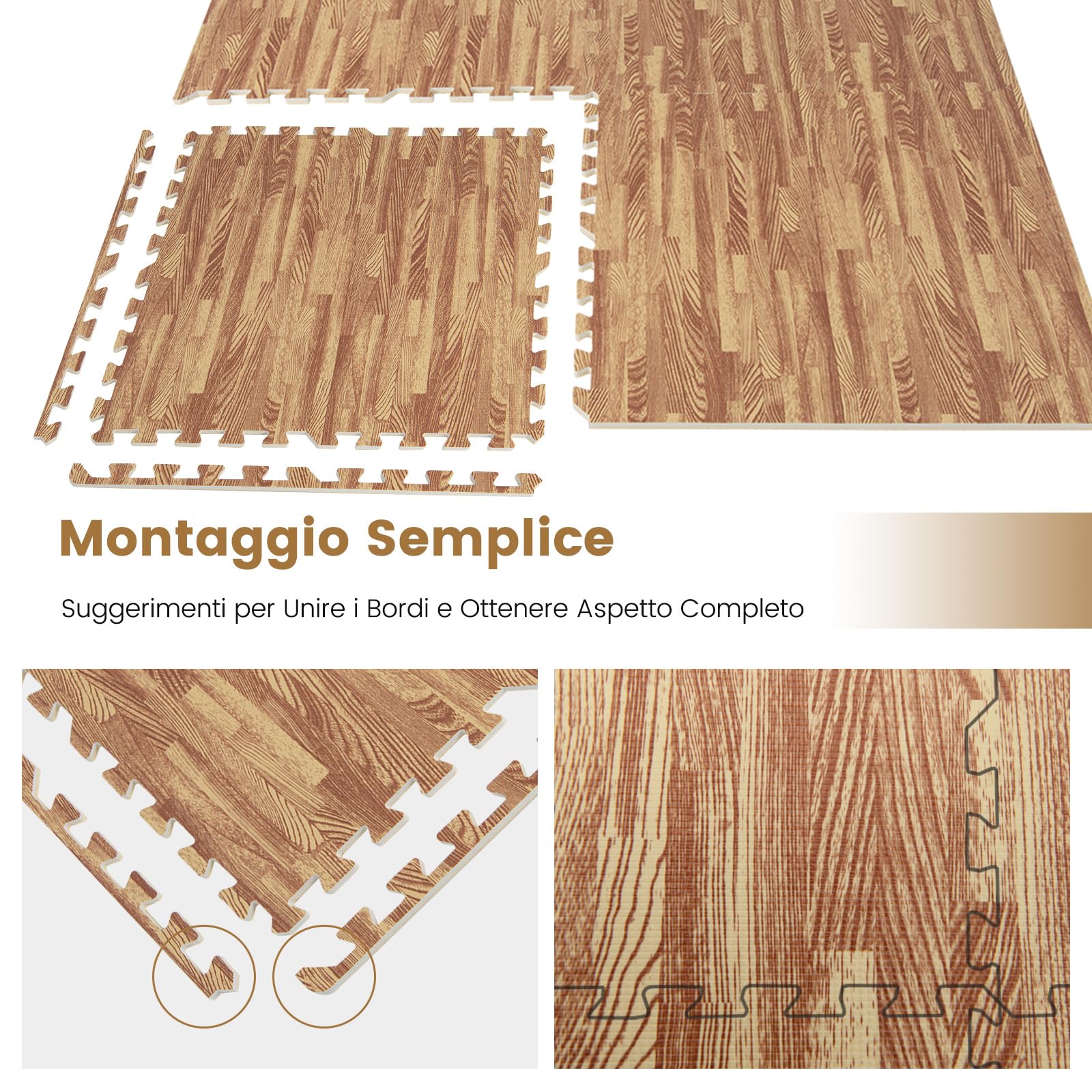 COSTWAY 12 Pezzi Tappeto Puzzle Effetto Legno, Tappetini a Incastro in Schiuma EVA con Bordi Perimetrali, Tappeto Protettivo Spesso per Palestra Casa Stanza Giochi, 61x61 cm, 4,5 M²