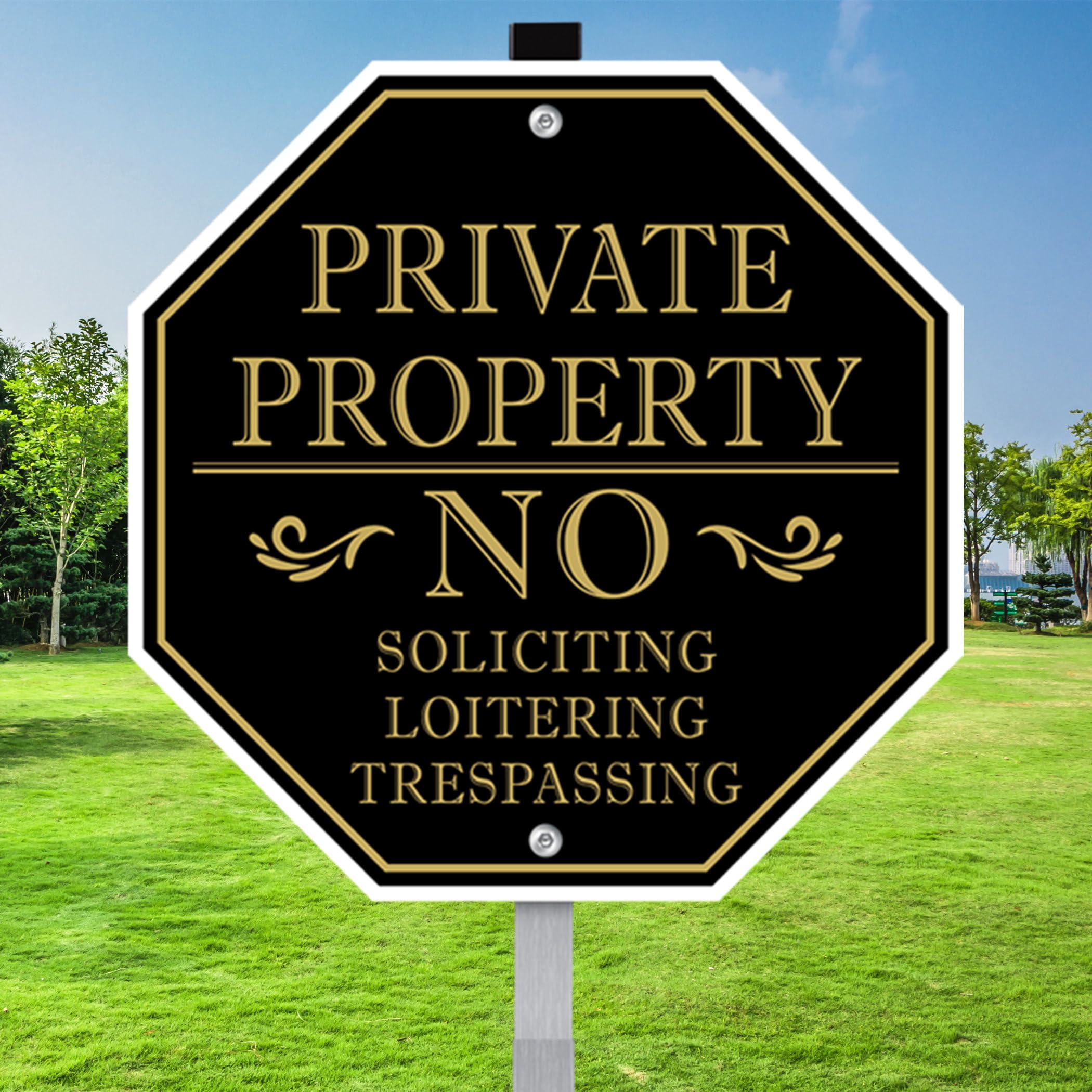No Trespassing Signs Private Property, No Soliciting Sign for House, 10 x 10 Inches No Loitering Aluminum Metal Signs with 28 Inches Long Stakes for