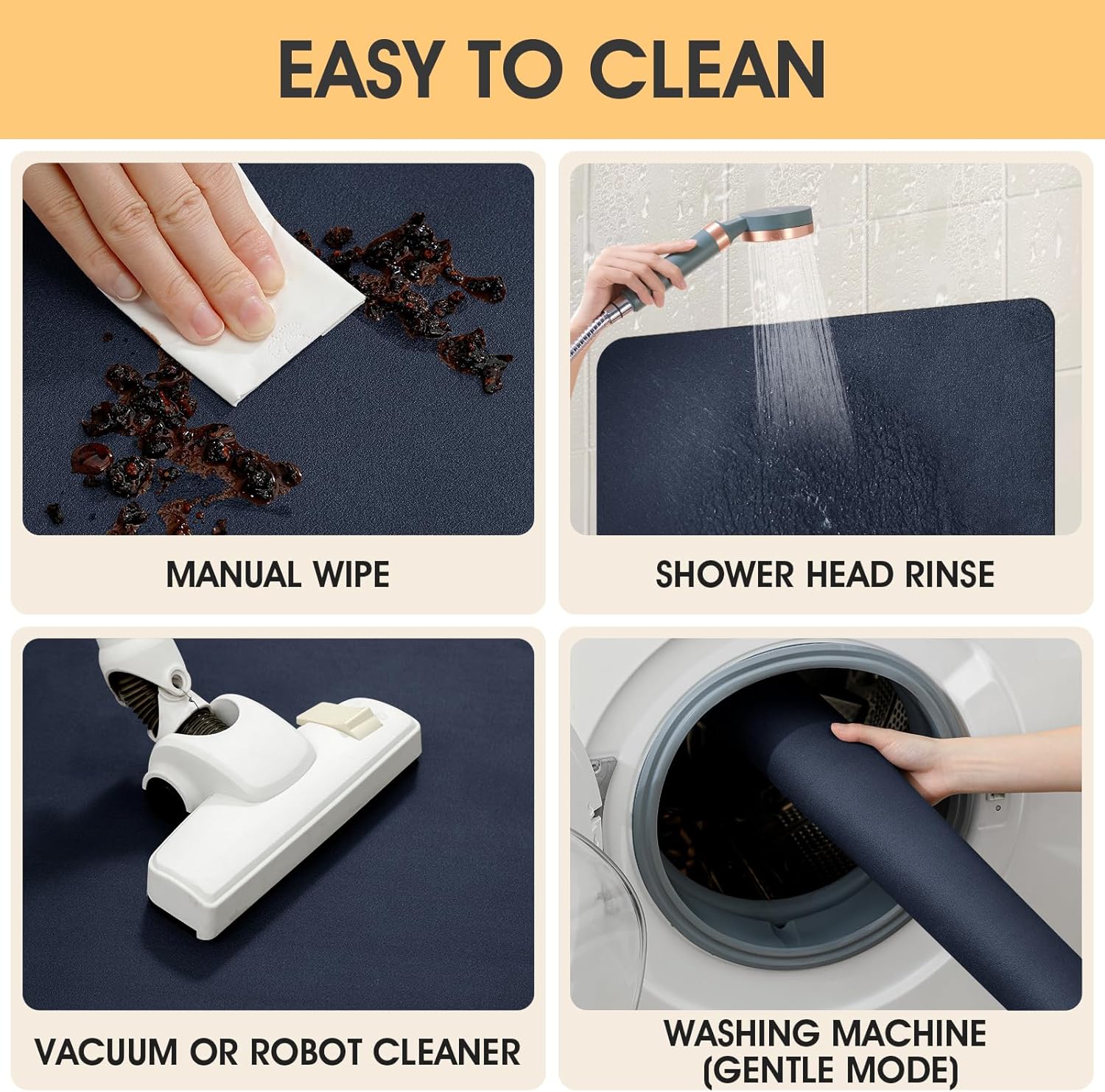 Ultra Thin Bath Mat, Upgrade Backing Non Slip Thin Bath Mats Fit Under Door, Quick Dry Ultra Absorbent Bathroom Rugs, Machine Washable Bath Rugs for Bathroom, Bathtub, Dark Blue/Solid/24"x17"+48"x20" - Image 7