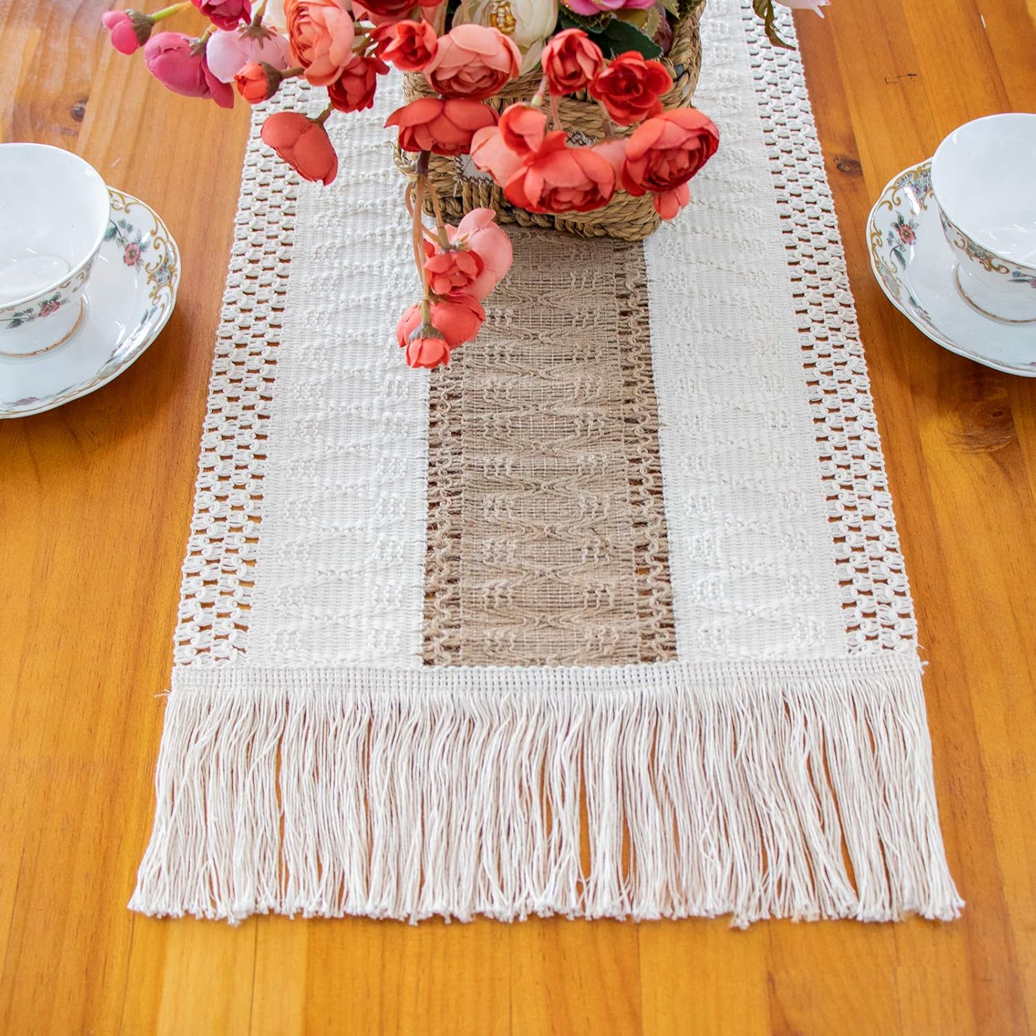 OurWarm Macrame Table Runner Farmhouse Style, Natural Burlap Table Runner Cotton Lace Boho Table Runner with Tassels for Bohemian Rustic Wedding Bridal Shower Home Dining Table Decor, 12 x 108 Inch : Home & Kitchen