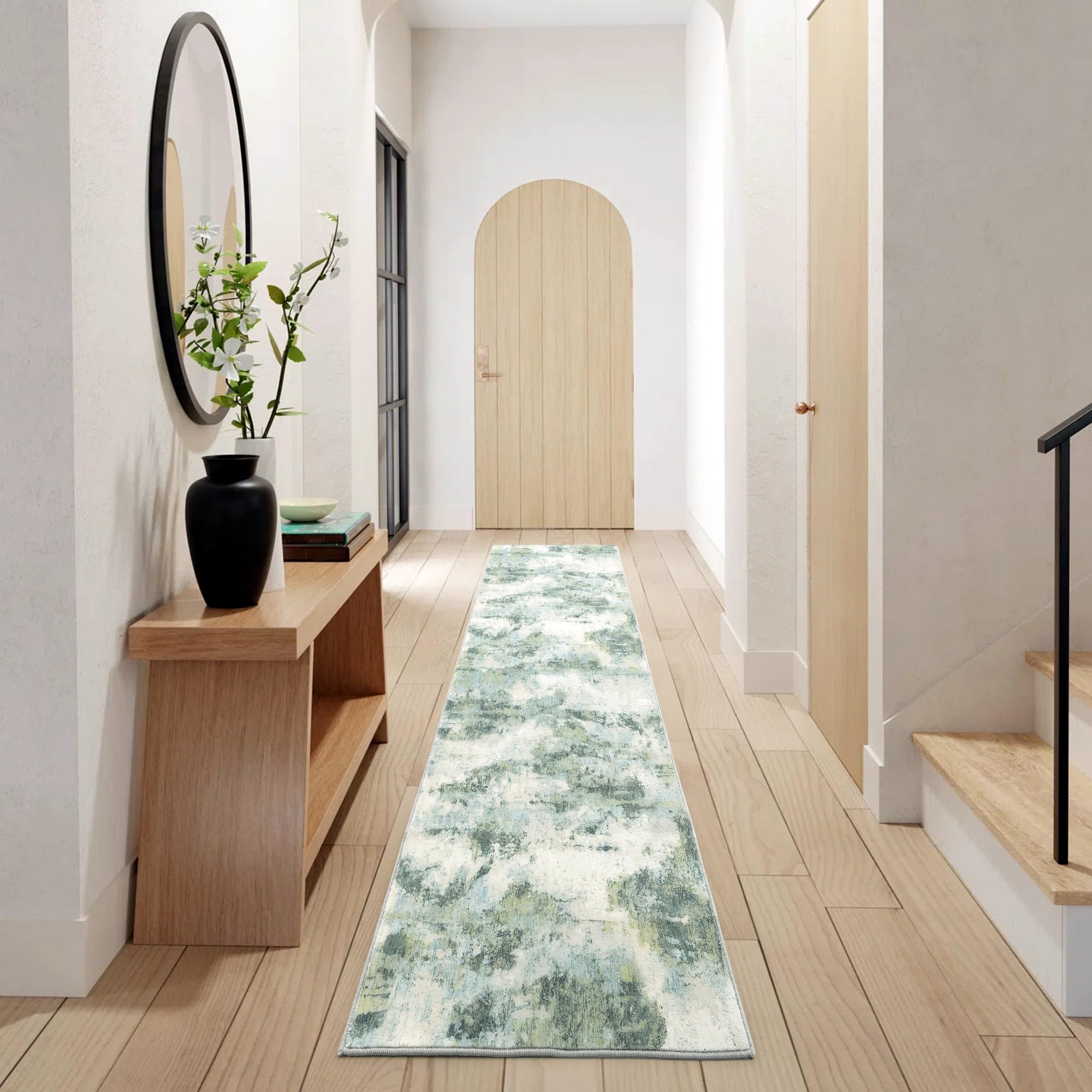 Carvapet Hallway Runner Rug, 2x8 Non Slip Rug with Rubber Backing, Ultra Soft Low Pile Green Rugs, Runner for Hallway, Washable Modern Abstract Area Rug, Boho Non-Shedding Flurry Carpet