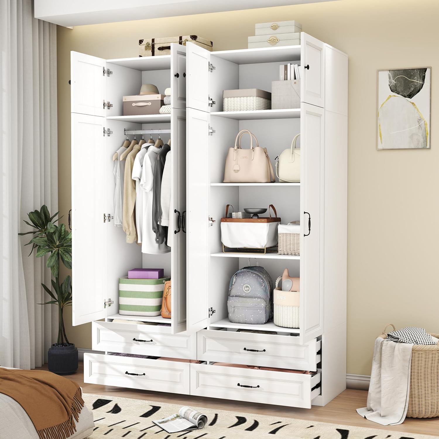 Armoire Wardrobe Closet with Doors: 89" Extra Tall White Wardrobe with Storage on Top, Bedroom Armoires with 4 Doors and 4 Drawers, Large Wood Closet Armoire for Hanging Clothes (B, 63")