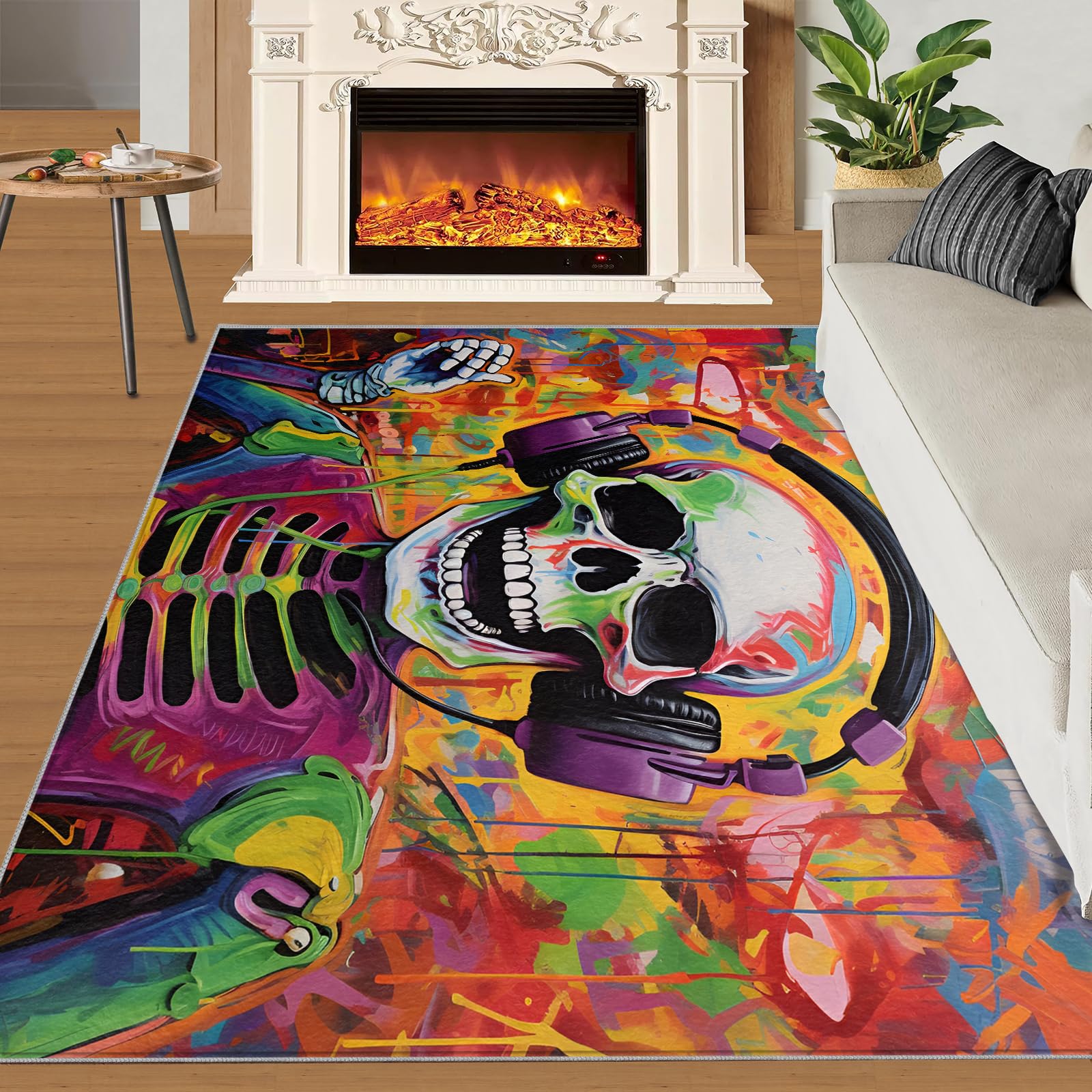 Tapis moderne résistant aux taches et à l'aquarelle graffiti pour chambre à coucher, salon, garçons et adolescents, motif tête de mort, 140 x 200 cm