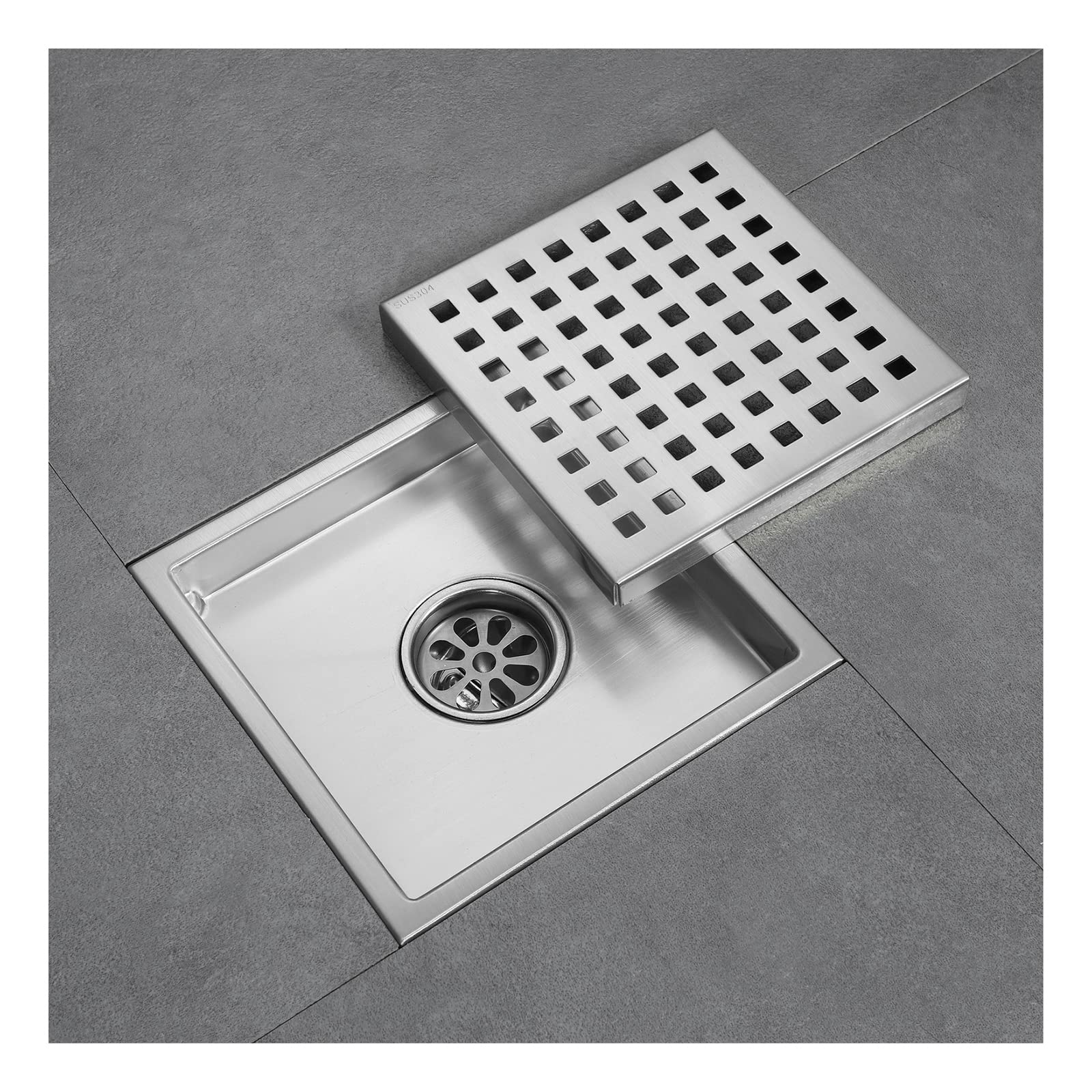 floor drain， Square 5.9 inch Floor Drain 304 Stainless Steel with Hair Catcher and Removable Cover, Detachable, Black