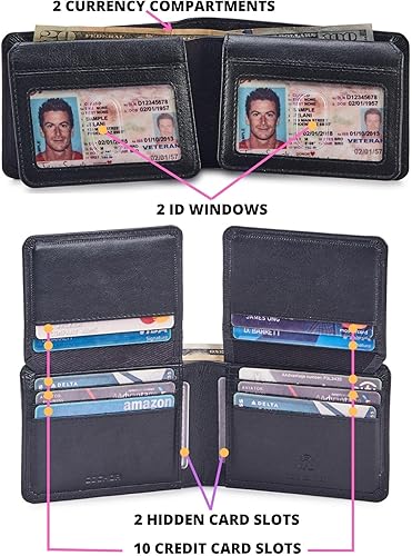 Miniatura 3 de Cartera de piel auténtica para hombre, con bloqueo RFID, funda para tarjetas de alta capacidad con 2 ventanas de identificación en caja de regalo,