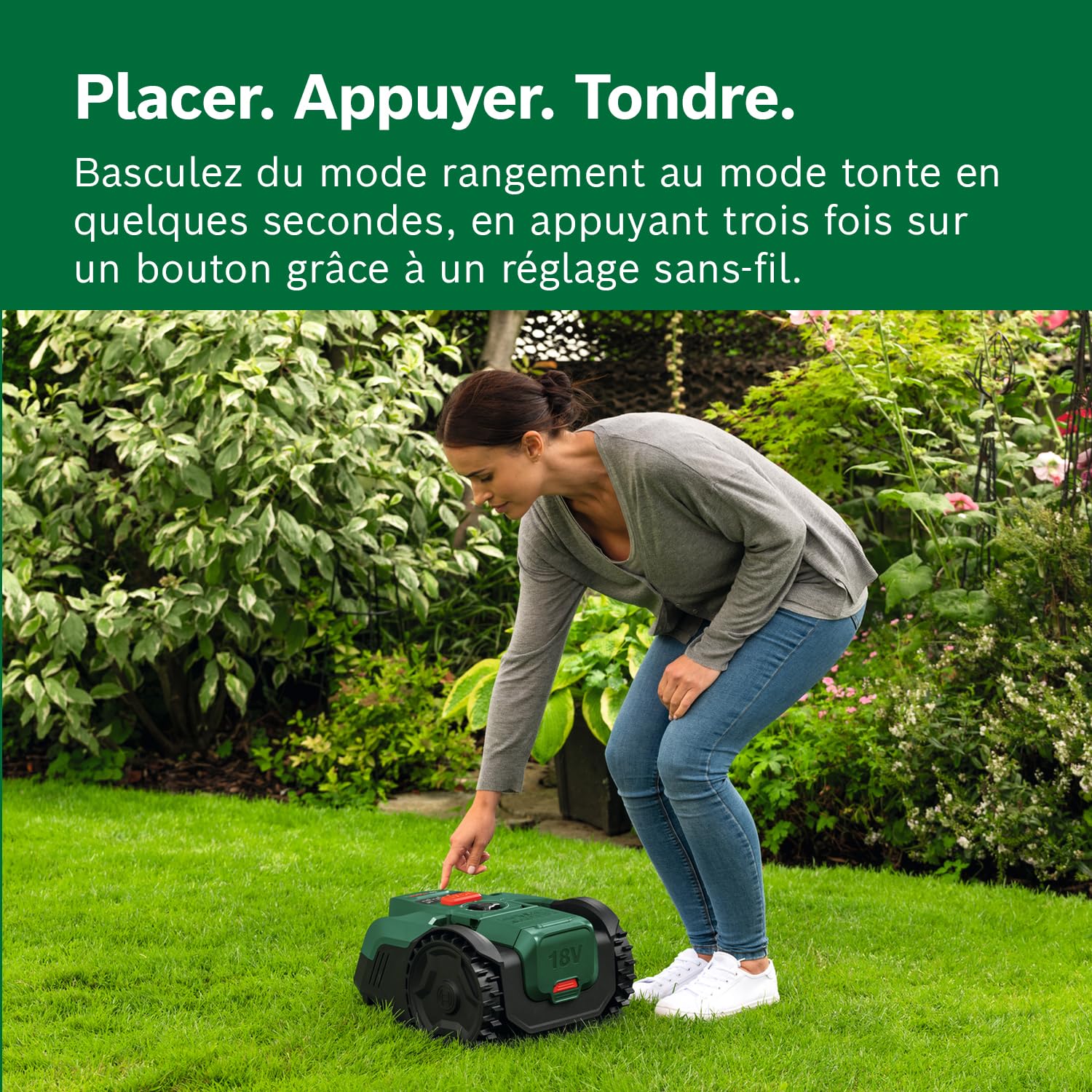 Bosch Tondeuse Robot sans-Fil VISIMOW18V-100 (pour pelouses Jusqu’à 100 m², Largeur de Coupe: 16 cm, Hauteur de Coupe: 20-60 mm, avec Lames de Rechange, Batterie et Chargeur)