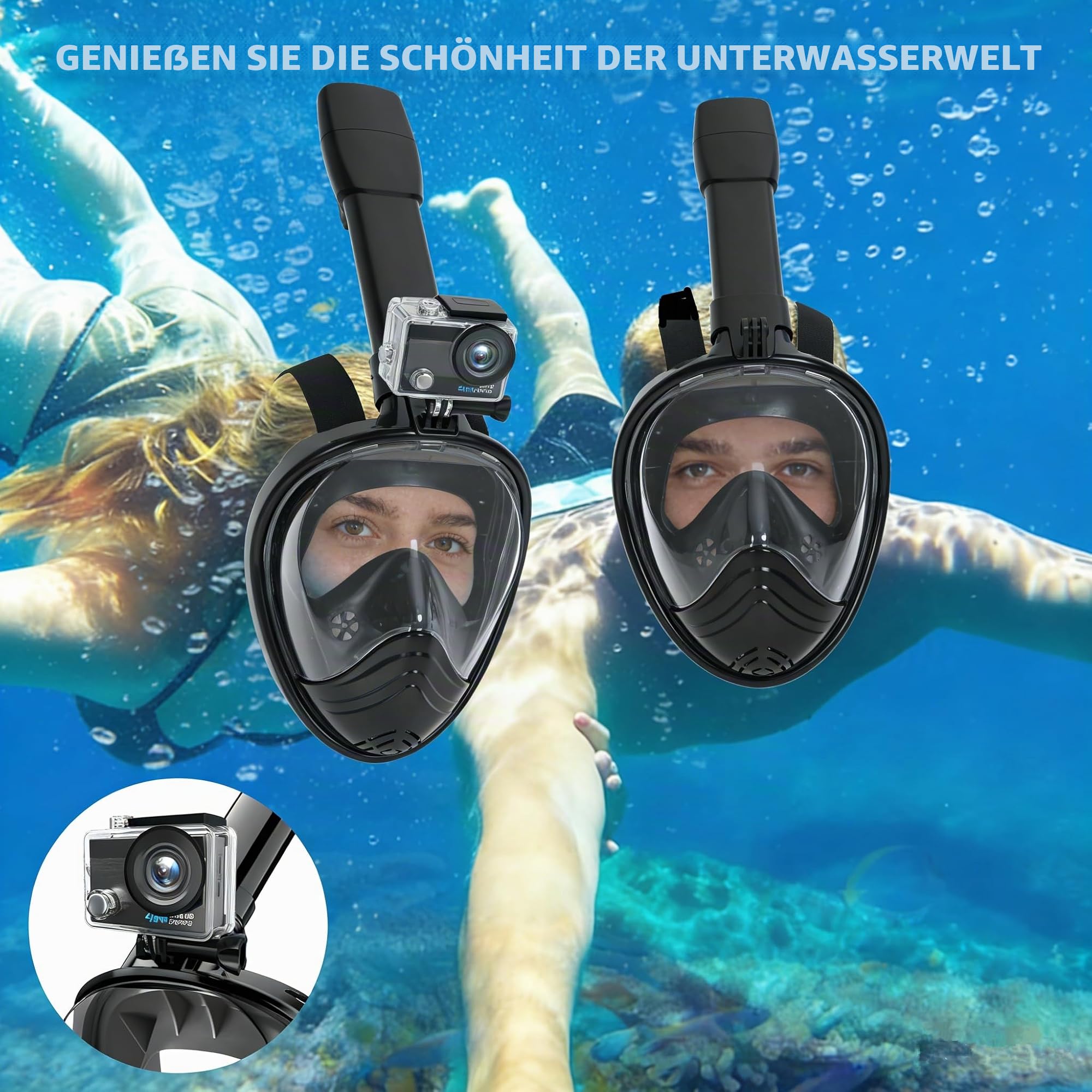 Schnorchelmaske, Tauchmaske,Schnorchel Vollmaske Anti-Fog Anti-Leck,180° Sichtfeld mit Sportkameras Kompatible Taucherbrilie für Erwachsene und Kinder