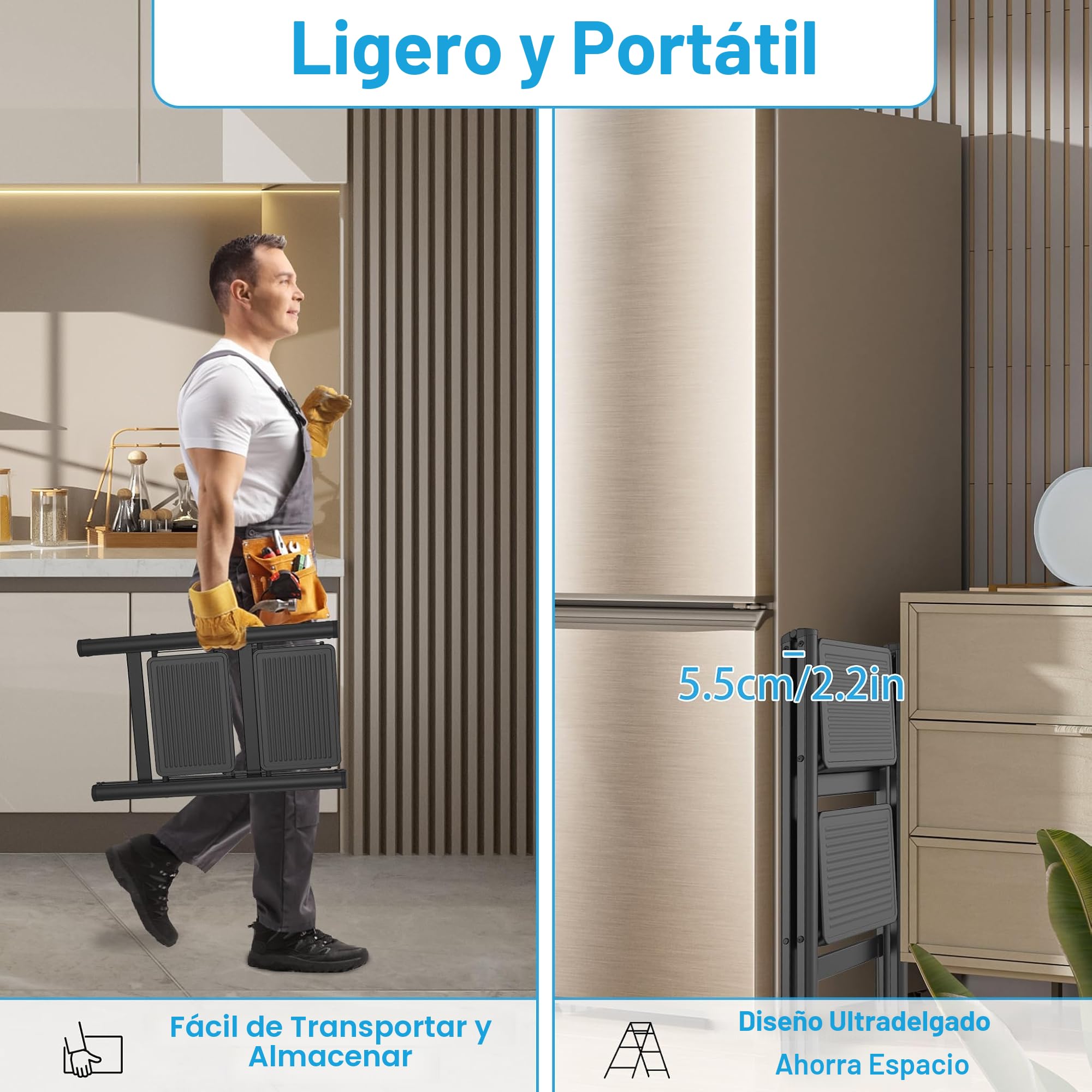Froadp Escalera plegable de 2 peldaños, antideslizante, de hierro, multifuncional, para casa, cocina y exterior, soporta hasta 250 kg