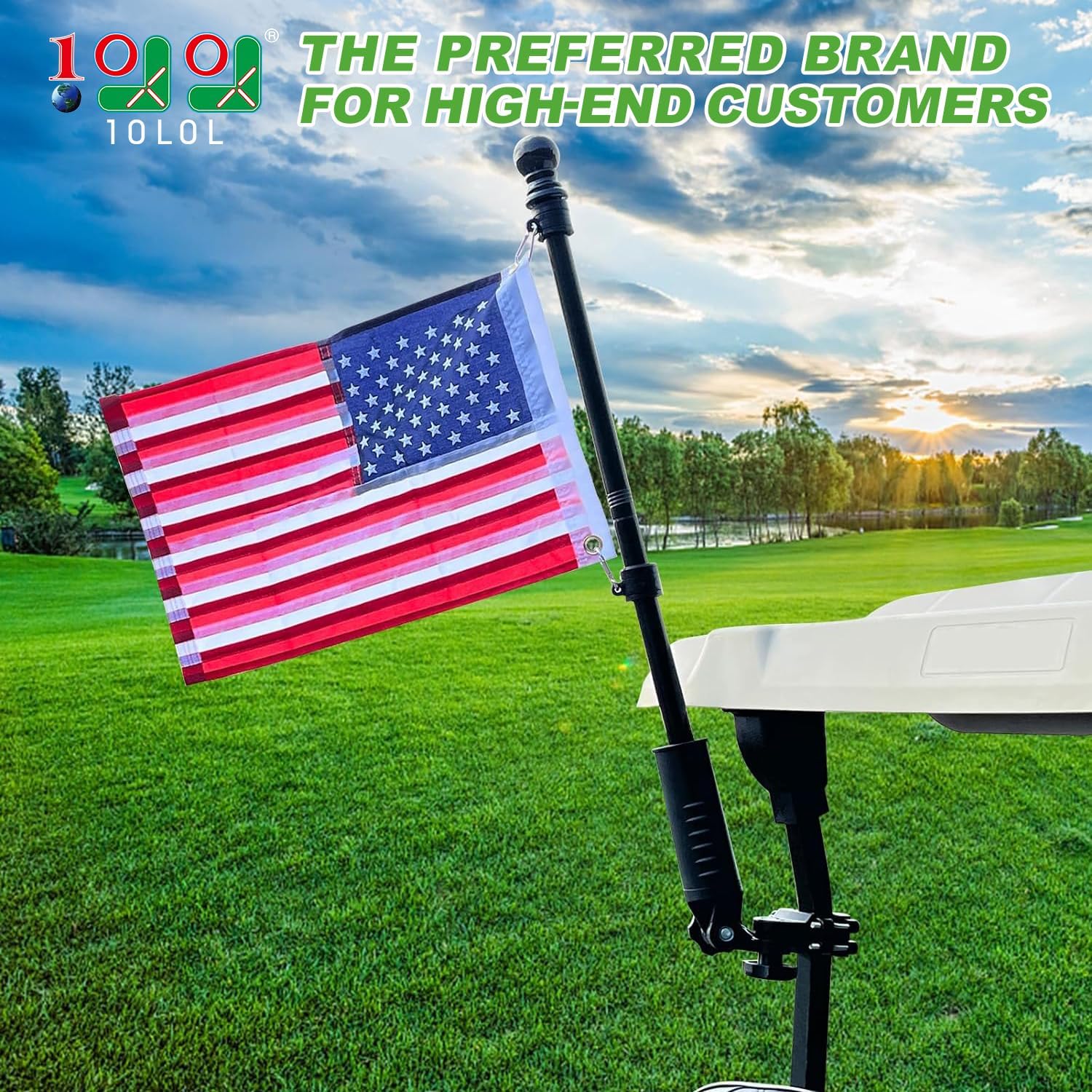 10L0L Golf Cart Flag Holder, Flag Pole Kit for Yamaha Club Car DS/Precedent and EZGO TXT/RXV Golf Cart, Embroidered USA Flag (12"×18") Included Black Pole