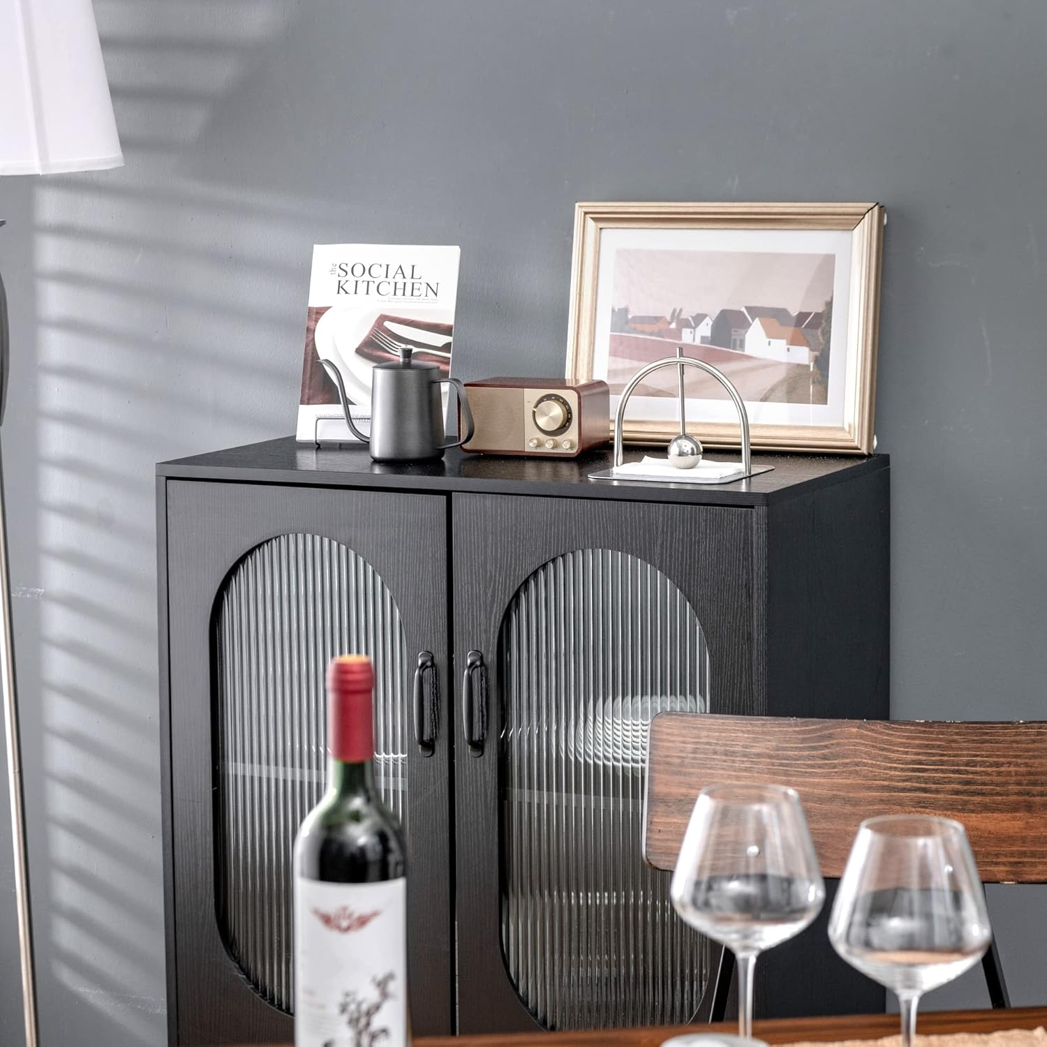 LOKO Buffet Cabinet with Storage, Kitchen Sideboard Cabinet with Tempered Glass Doors and Drawers, Industrial Style Cupboard Credenza Storage Cabinet, 31.5 x 16 x 39.5 inches