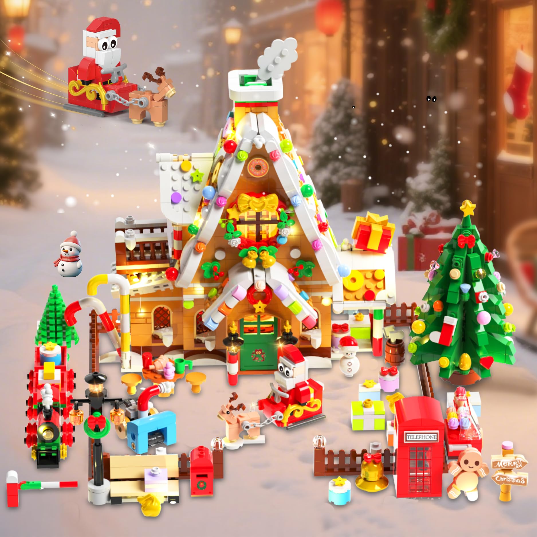Plaxsoon - Casa de pan de jengibre navideño, juguete de construcción con luces, casa de Navidad, mini bloques de apriete - juguete con Papá Noel - Tren - 1763 piezas - Regalo para adultos, niños y