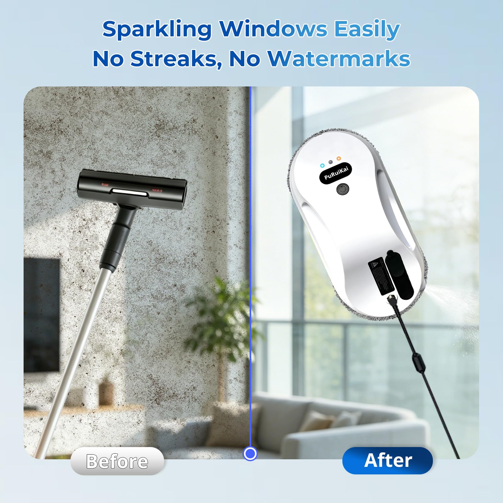 PRK-309 Robot de limpieza de ventanas, limpiador automático de cristales con spray de agua, succión fuerte de 5600 Pa, planificación inteligente de trayectoria 3.0, limpieza de doble cara