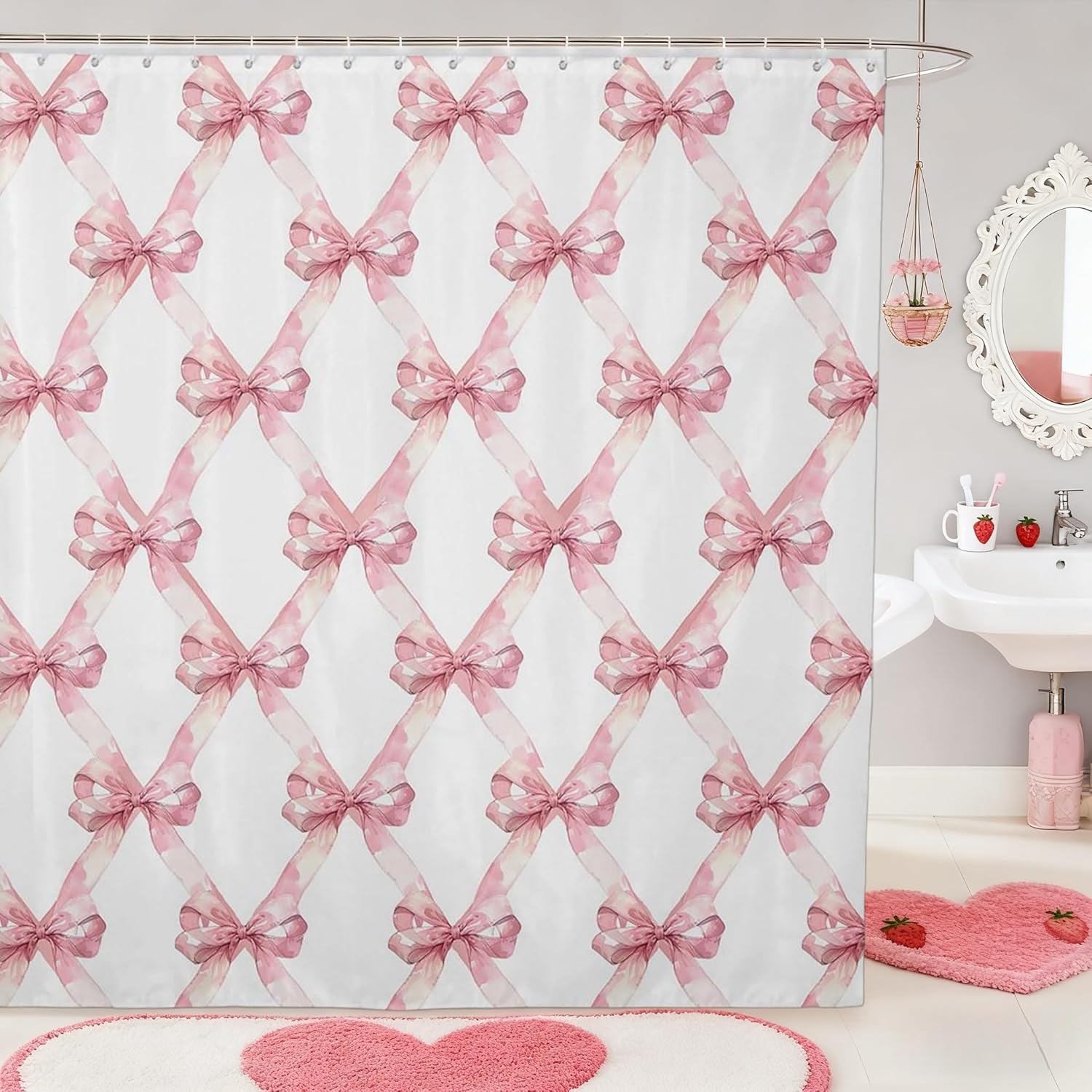 Cute Shower Curtain Pink Bow Fabric Shower Curtains for Girls Bathroom Modern Aesthetic Cloth Shower Curtain Set with Hooks 72x84 Inch,Bowknot Pattern Waterproof Bath Curtains for Bathtub,Pink Bow