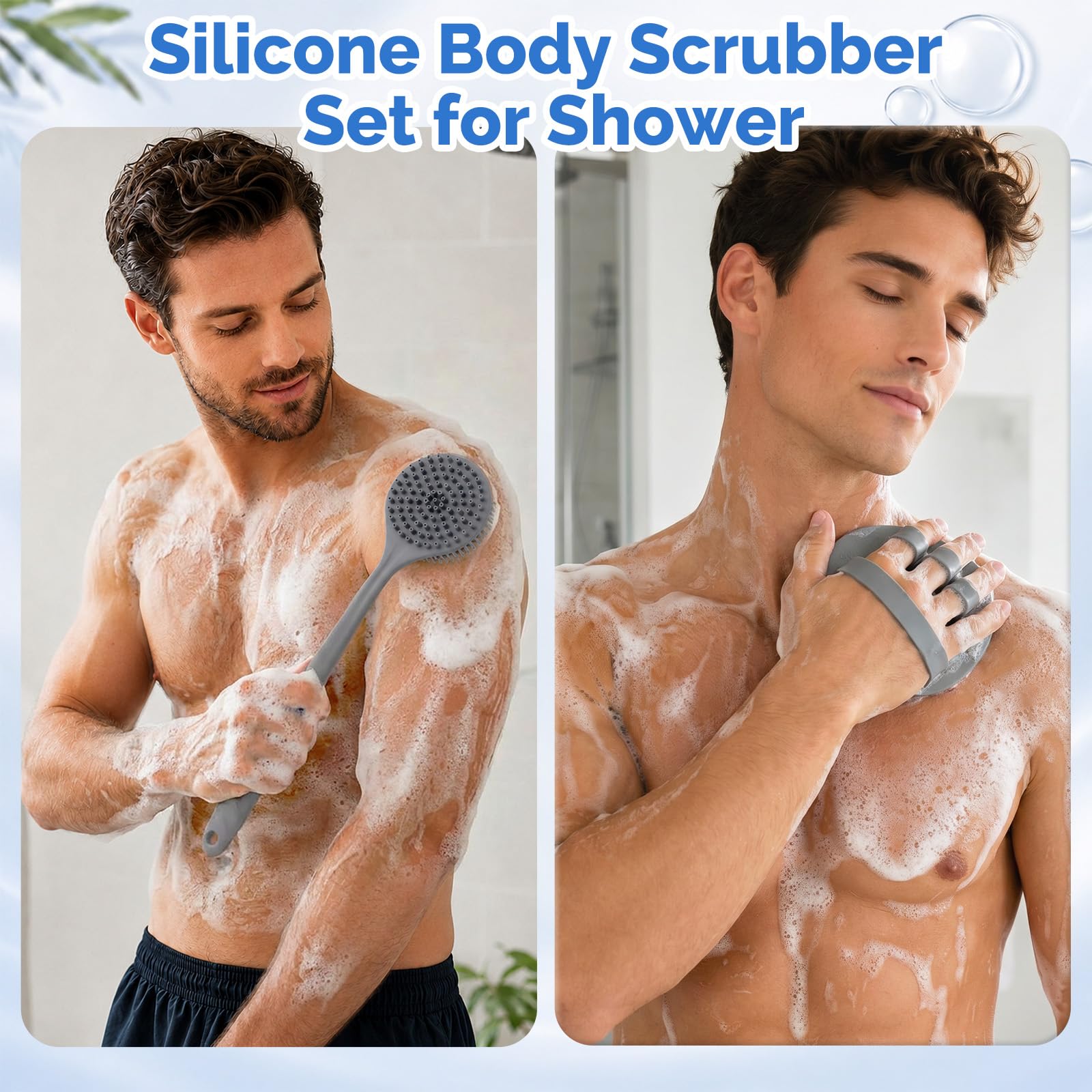 Manmihealth Set di spazzole per la schiena in silicone (setole sottili) e morbido guanto da bagno per il viso, scrub super esfoliante per il corpo e spazzola da doccia super schiuma per il viso, con
