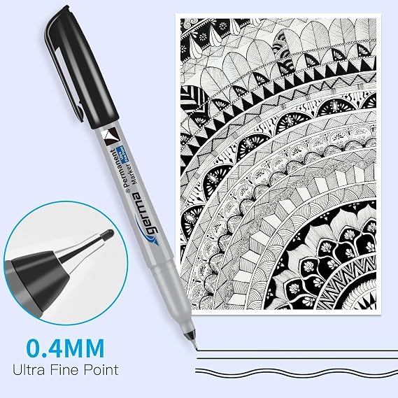 Cgerma Ultra Fine Point Permanent Markers Black, 18 Pack Ultra Fine Tip Markers, Waterproof, Quickly Dry, No bleed, Works on Plastic, Wood,Stone, Metal and Glass for School Office Home