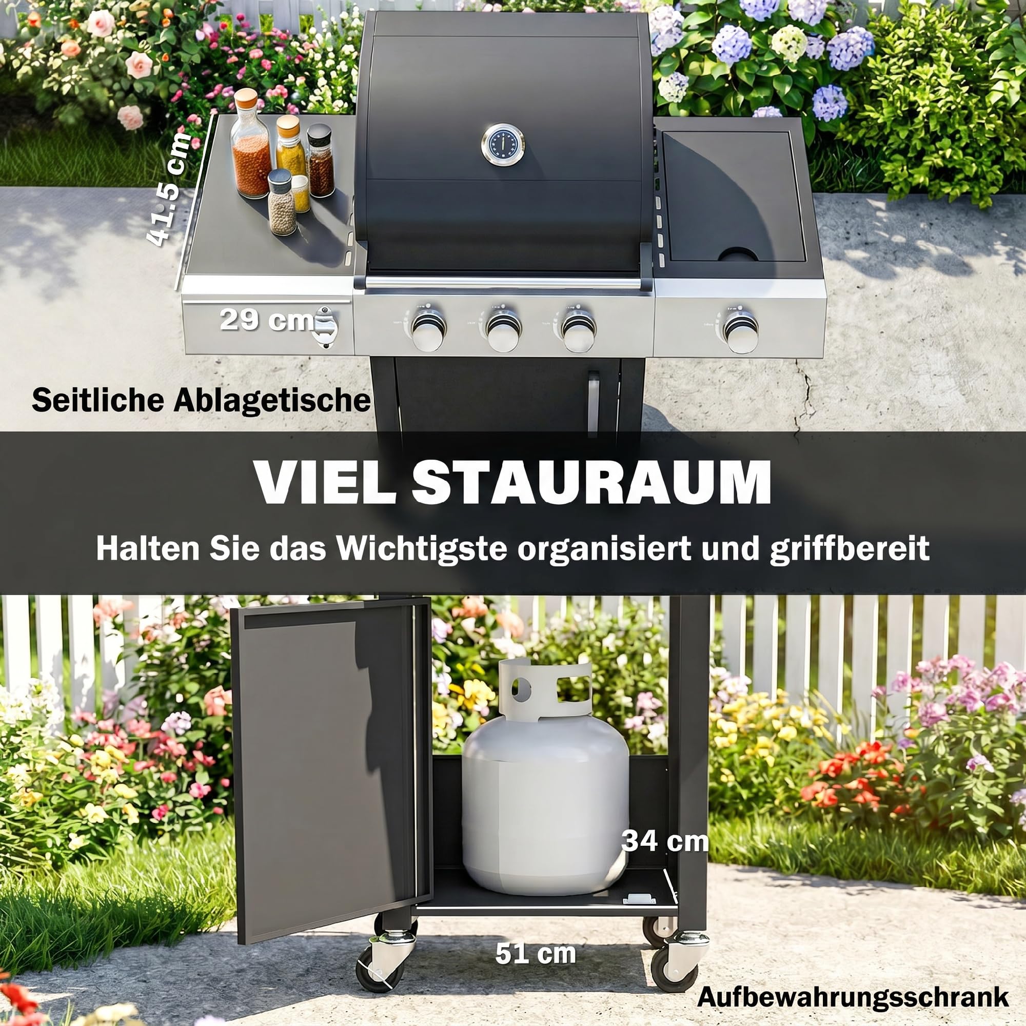 Outsunny Gasgrill 10,5 KW 3+1 Brenner BBQ Grillwagen Edelstahl inkl Seitenbrenner Flaschenöffner Thermometer Gusseisen-Grillrost Warmhalterost Rolle Seitentisch Unterschrank Gas-Grill für Balkon Party