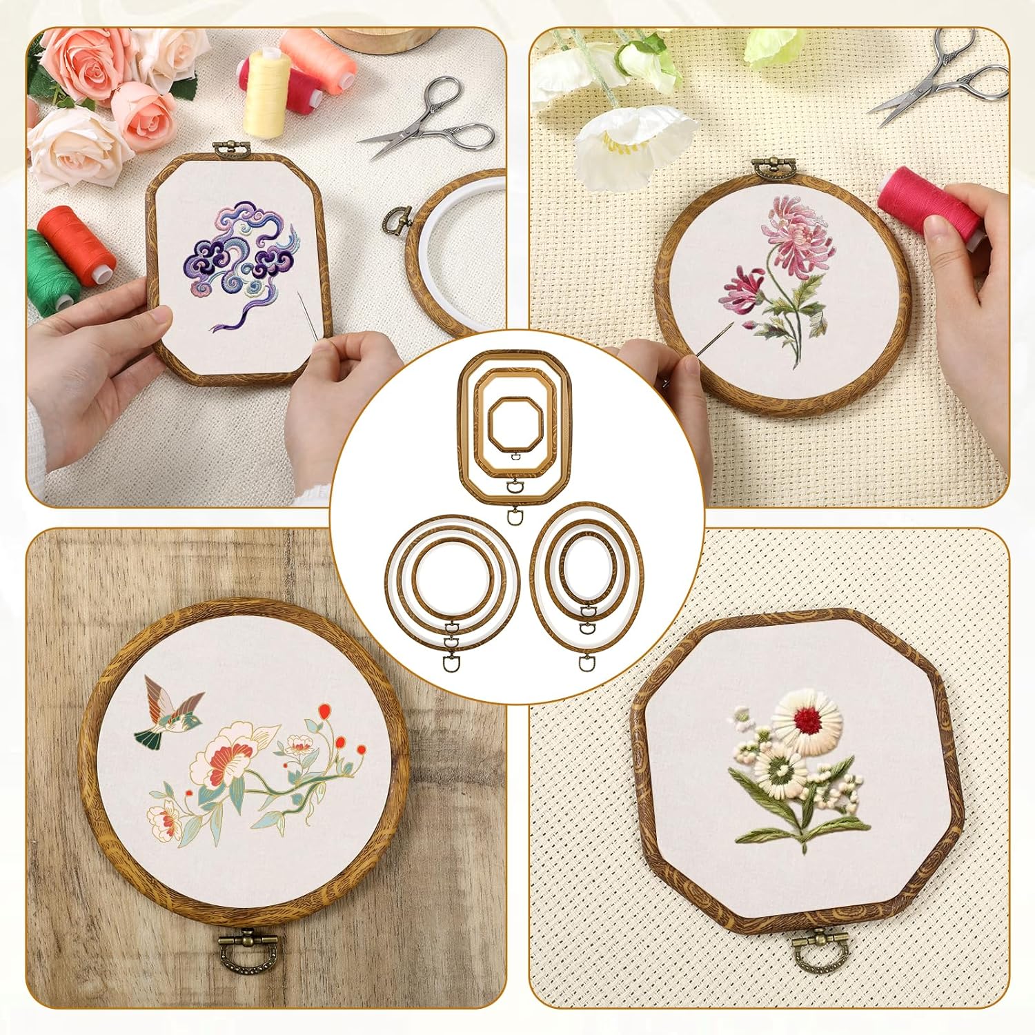 simarro 9 Pcs Large Embroidery Hoop Embroidery Frame Set , 4 Shape Decorative Imitated Wood Cross Stitch Hoop for Art Craft Sewing Circle Oval Octagonal Embroidery Hoops