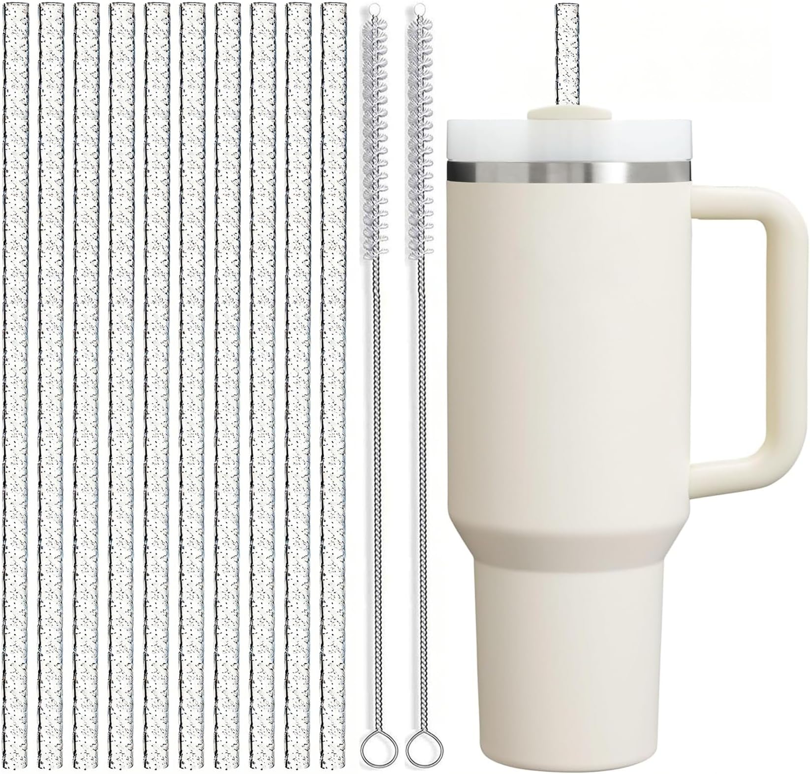 ALINK Reusable Glitter Straws for Stanley 40 oz 30 oz Tumbler, 12 in Long Hard Plastic Clear Tumbler Straws for Stanley, Owala 40 OZ Cups, Half Gallon Bottles, Pack of 10 with 2 Brush