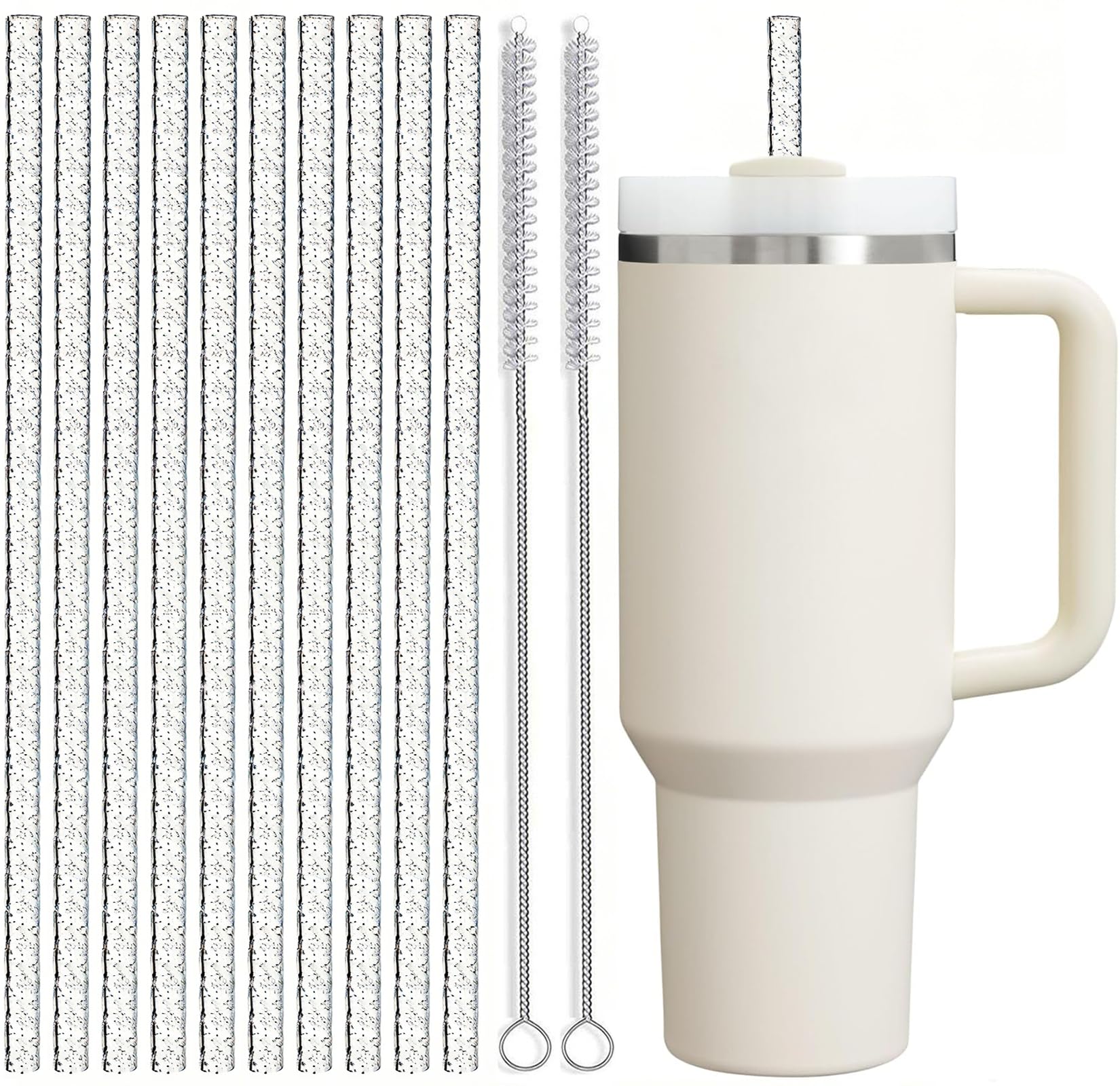 ALINK Reusable Glitter Straws for Stanley 40 oz 30 oz Tumbler, 12 in Long Hard Plastic Clear Tumbler Straws for Stanley, Owala 40 OZ Cups, Half Gallon Bottles, Pack of 10 with 2 Brush