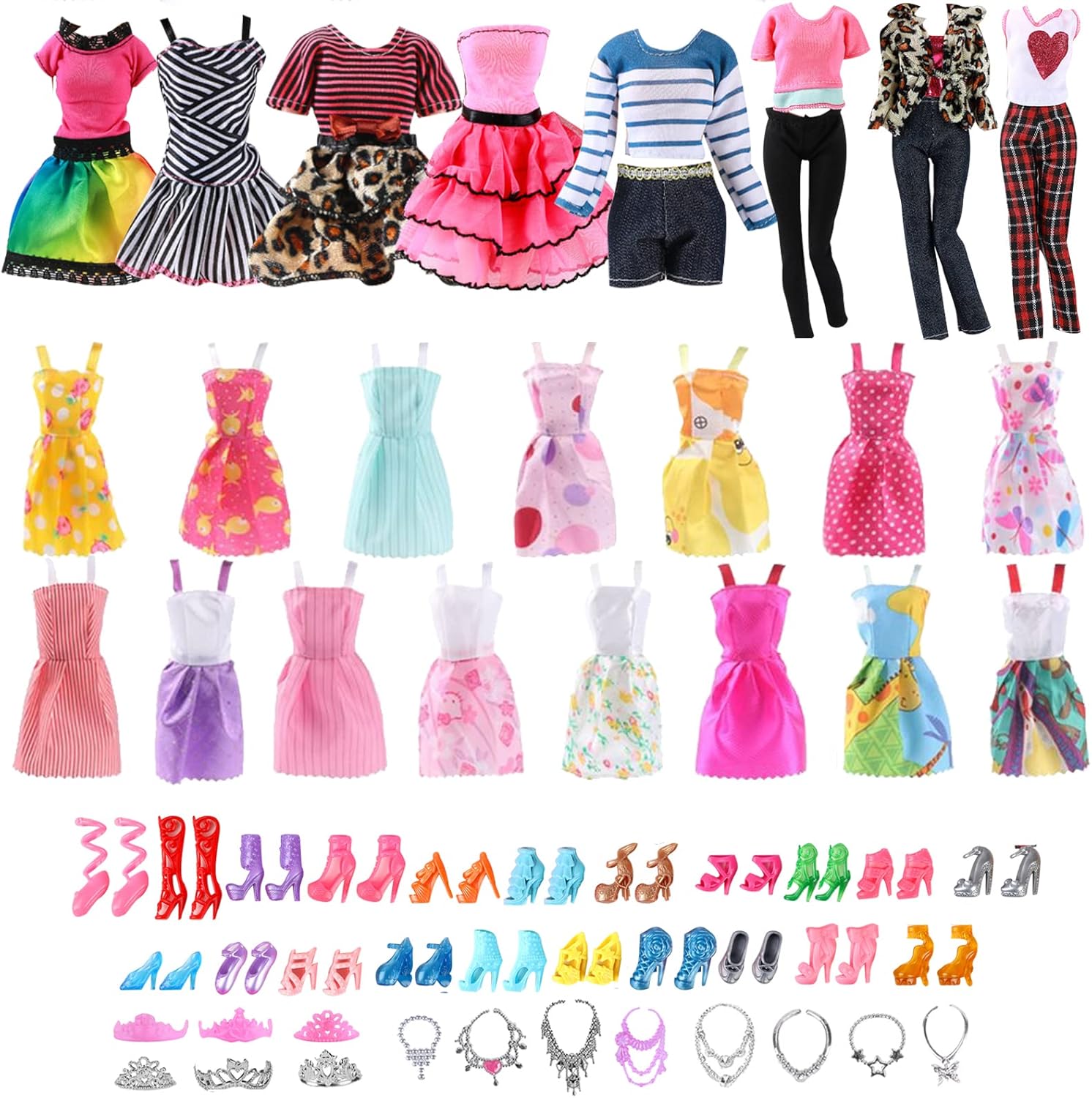 31 Piezas de Ropa de Muñecas y Accesorios para la Ropa de Barbie, VEGCOO 2 Vestidos de Moda 2 Vestidos de Diario 5 Vestidos Halter 6 Coronas 6 Collares 10 Zapatos para Muñecas Barbie de Regalo